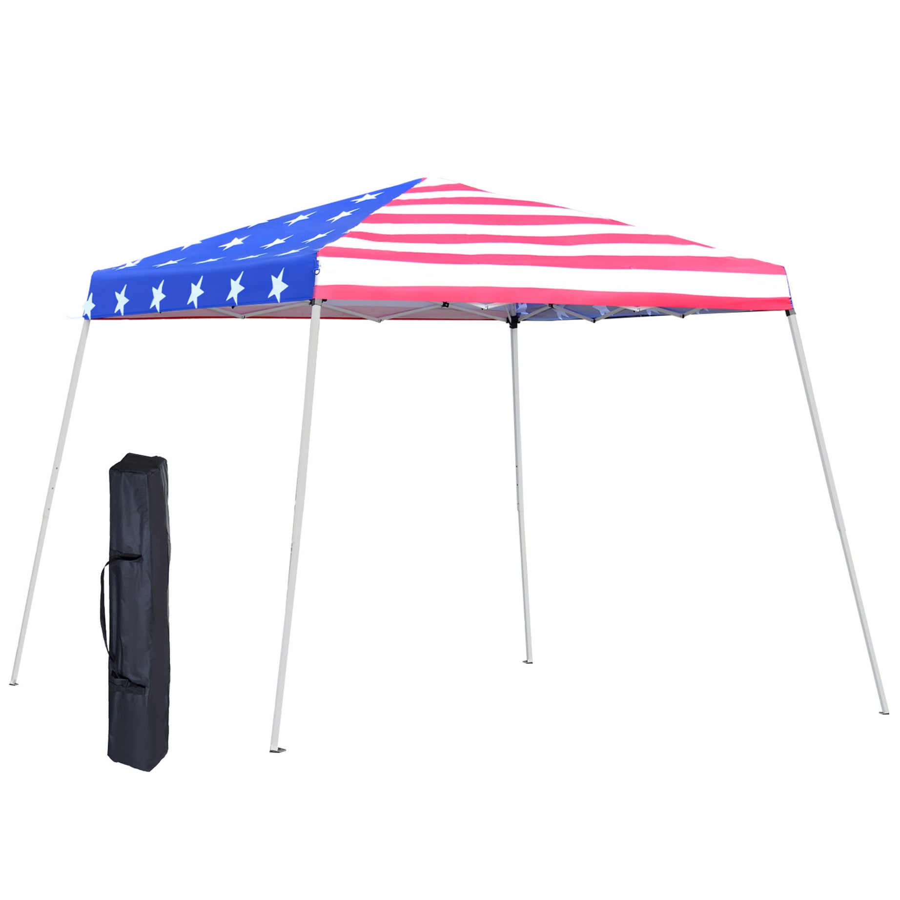 Outsunny Slant Leg Pop Up Canopy Tent with American Flag Roof and Carry Bag, Beach Canopy Instant Sun Shelter, Height Adjustable, (10'x10' Base / 8'x8' Top)--1