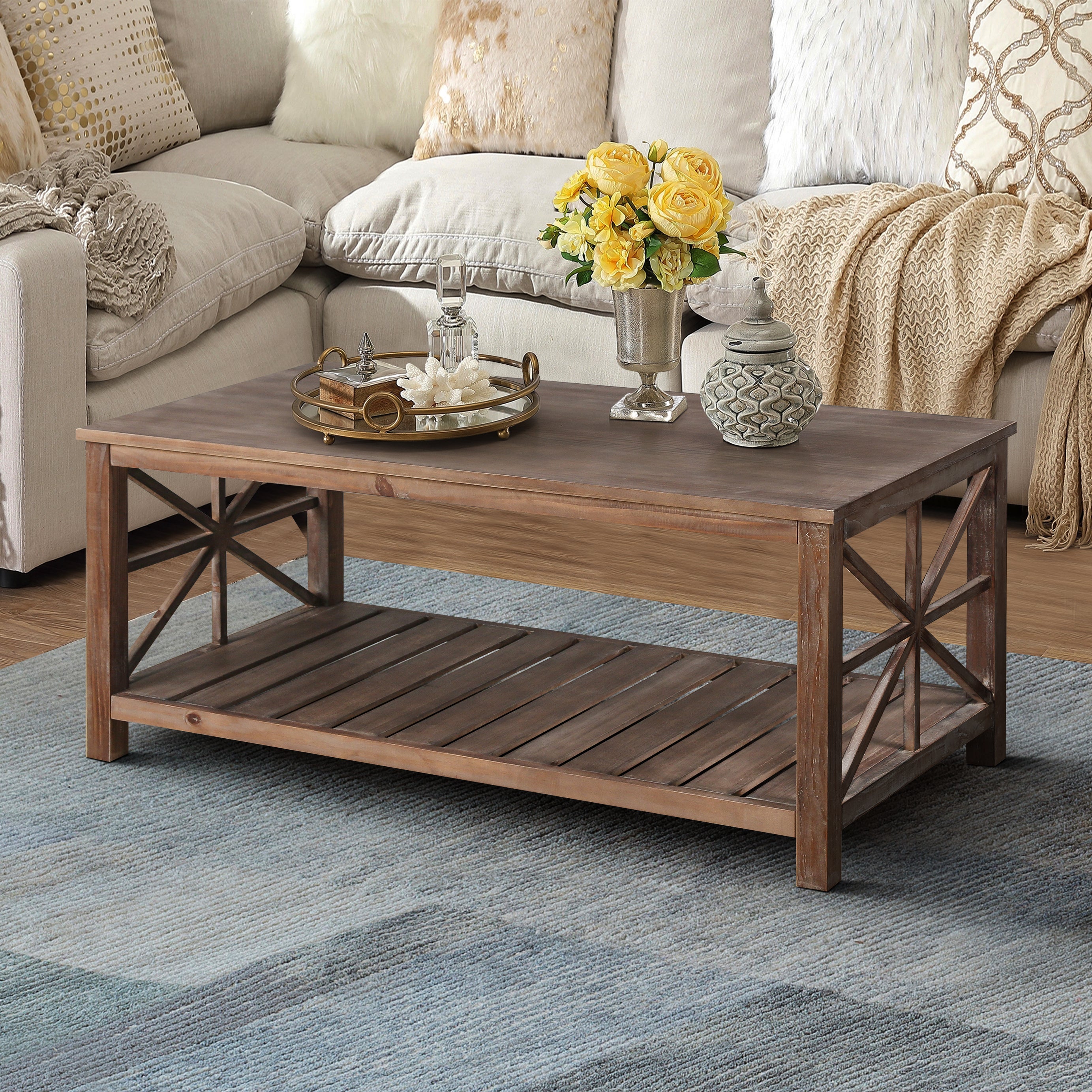 52''W  Handcrafted Coffee Table In Front Of The Sofa Or Loveseat For Living Room(Brwon)--1