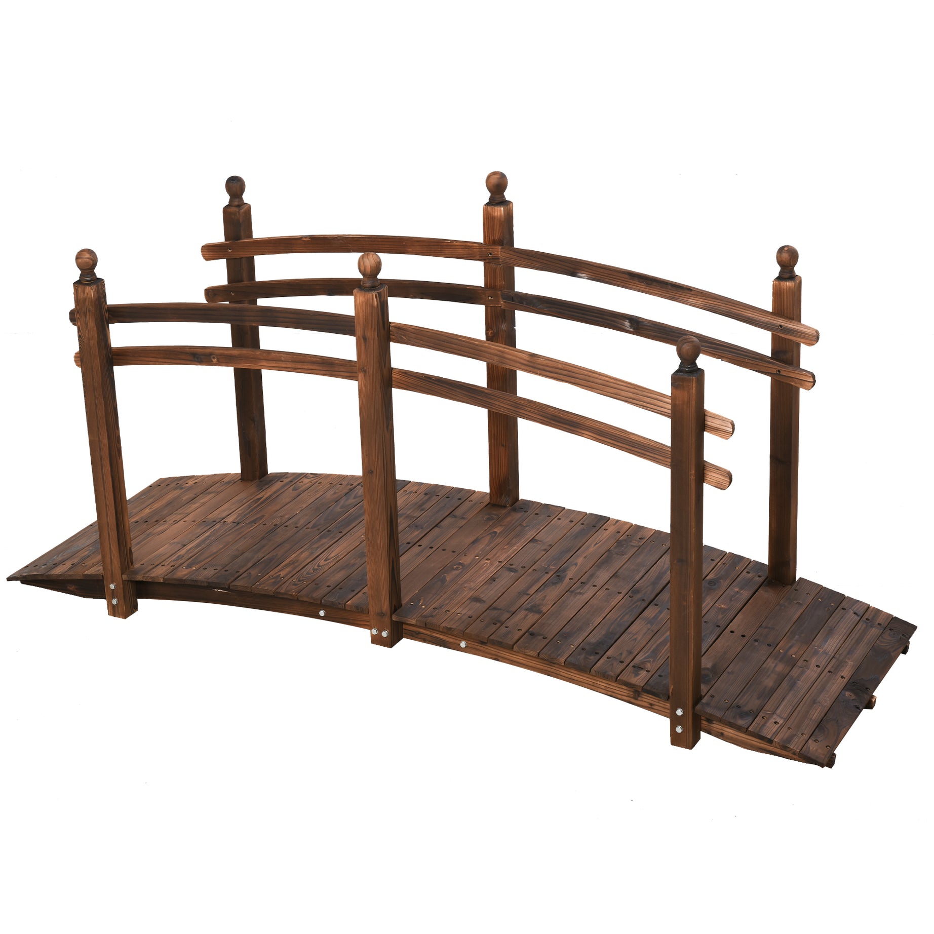 Outsunny 7.5' Fir Wood Garden Bridge Arc Walkway with Side Railings, Perfect for Backyards, Gardens, & Streams, Carbonized--1