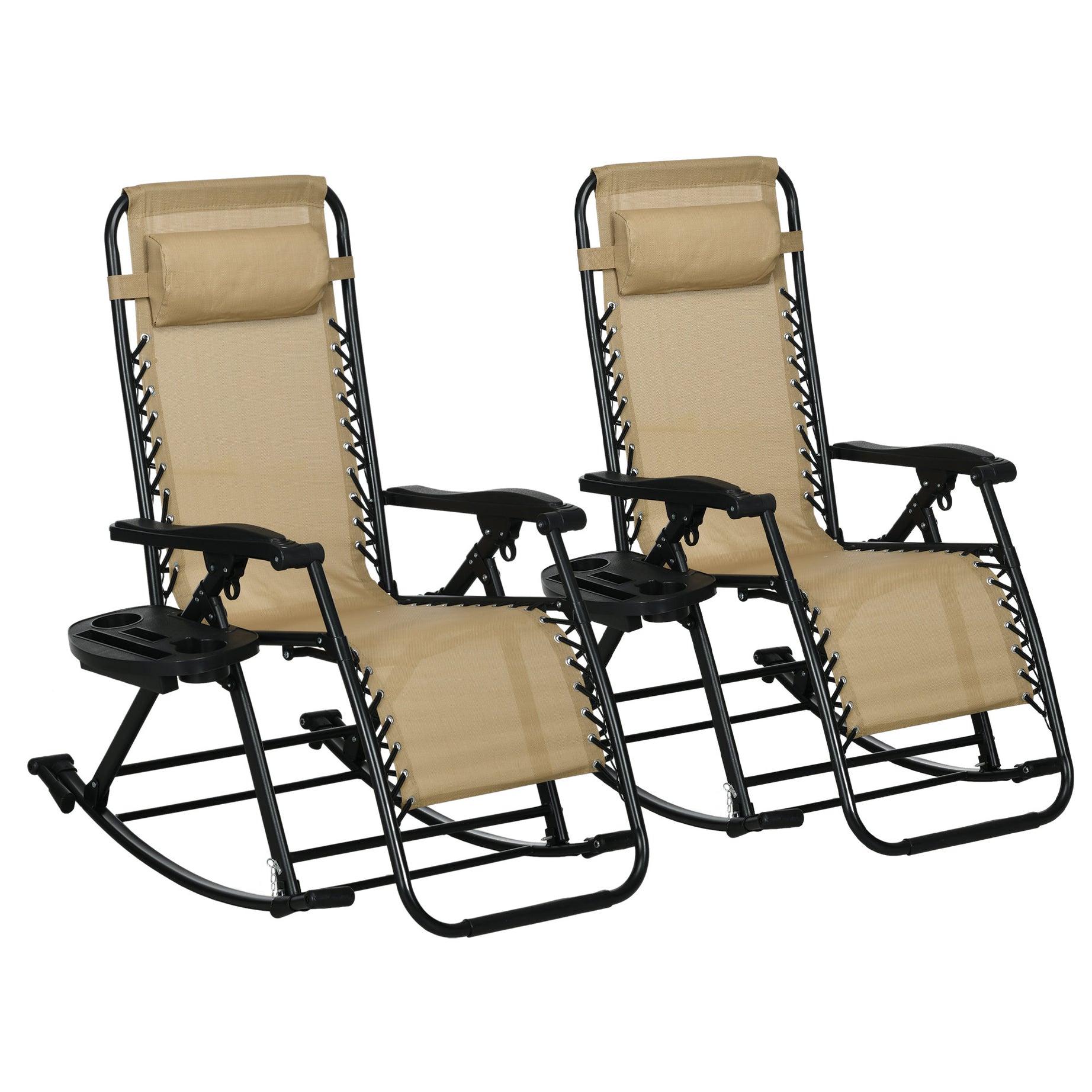 Outsunny 2 Pieces Outdoor Rocking Chairs, Foldable Reclining Zero Gravity Lounge Rocker with Pillow, Cup & Phone Holder, Combo Design with Folding Legs, Beige--1