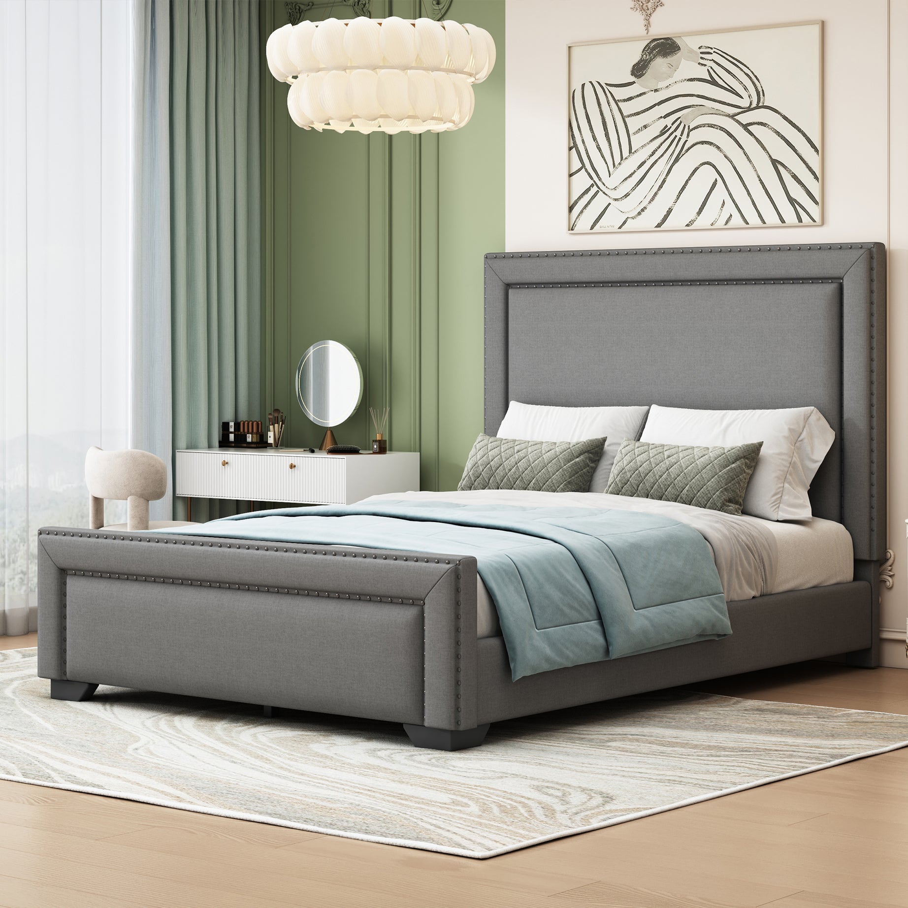 Queen Size Upholstered Bed ,Modern Upholstered Bed with Wooden Slats Support, No Box Spring Needed, Easy Assembly, Gray--1