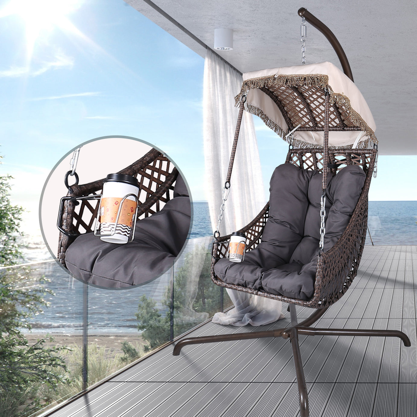 Swing Egg Chair with Stand Indoor Outdoor, Wicker Rattan Frame 350lbs Capacity Hammock Chair for Patio Bedroom with Sunshade Cloth, Courtyard, Cushion And Pillow(OLD W1132P169534)--1