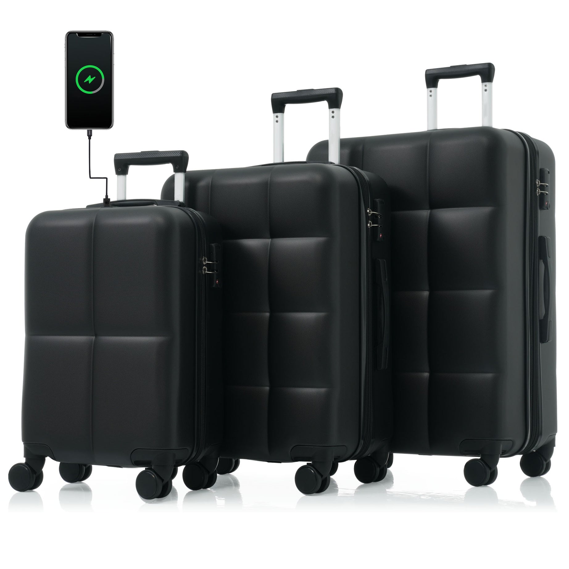 Luggage Set of 3, 20-inch with USB Port, Airline Certified Carry-on Luggage with Cup Holder, ABS Hard Shell Luggage with Spinner Wheels, black--1