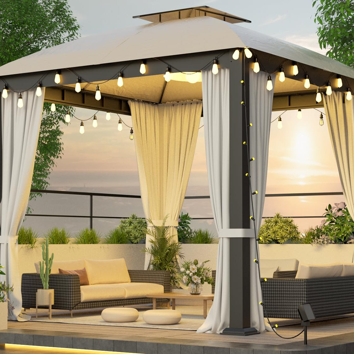 10X10FT Softtop Metal Gazebo with Mosquito Net&Sunshade Curtains,Sturdy Heavy Duty Double Roof Canopy,Galvanized Steel Design Outdoor Tent,Suitable for Gardens,Patio,Backyard--1