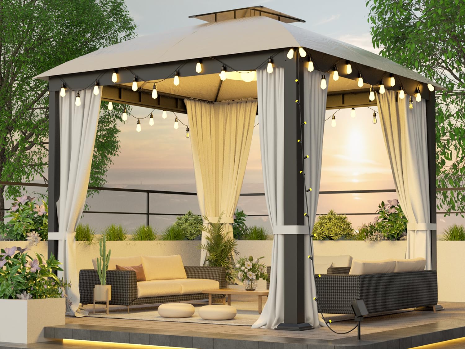 10X10FT Softtop Metal Gazebo with Mosquito Net&Sunshade Curtains,Sturdy Heavy Duty Double Roof Canopy,Galvanized Steel Design Outdoor Tent,Suitable for Gardens,Patio,Backyard--1