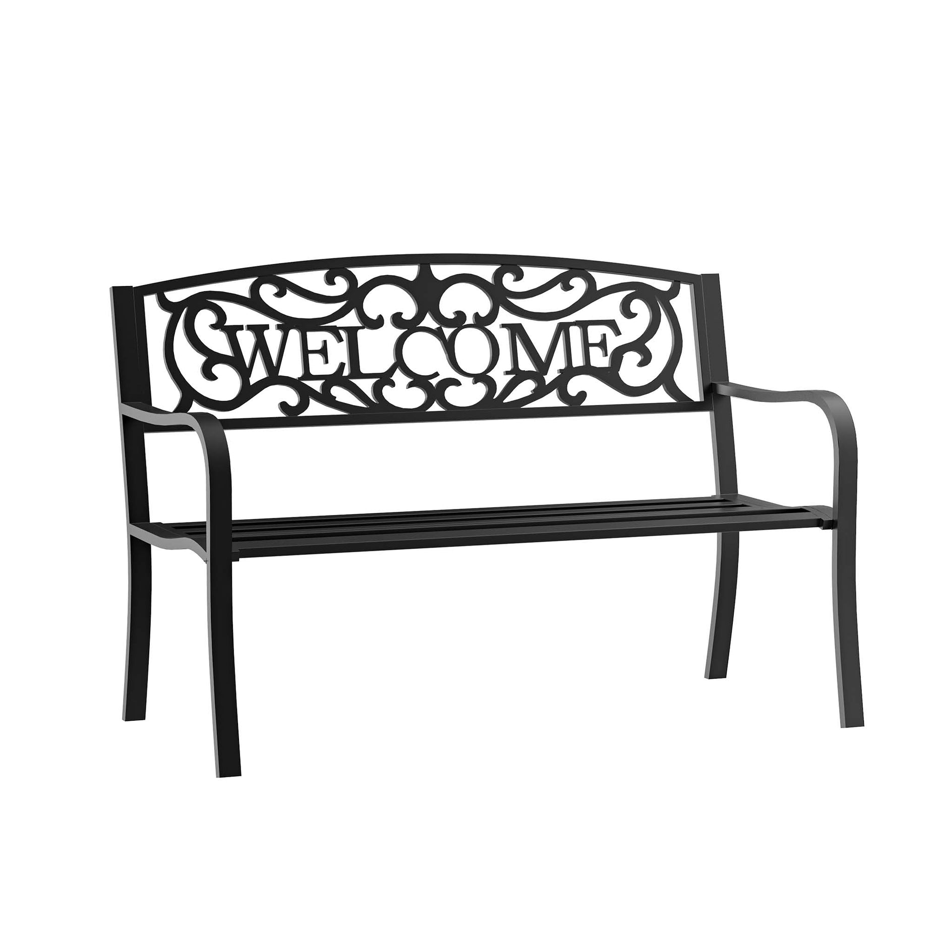 Outsunny 50" Outdoor Metal Welcome Bench, Garden Bench with Slatted Seat, Patio Bench for Park, Porch, Yard, Entryway, Black--1