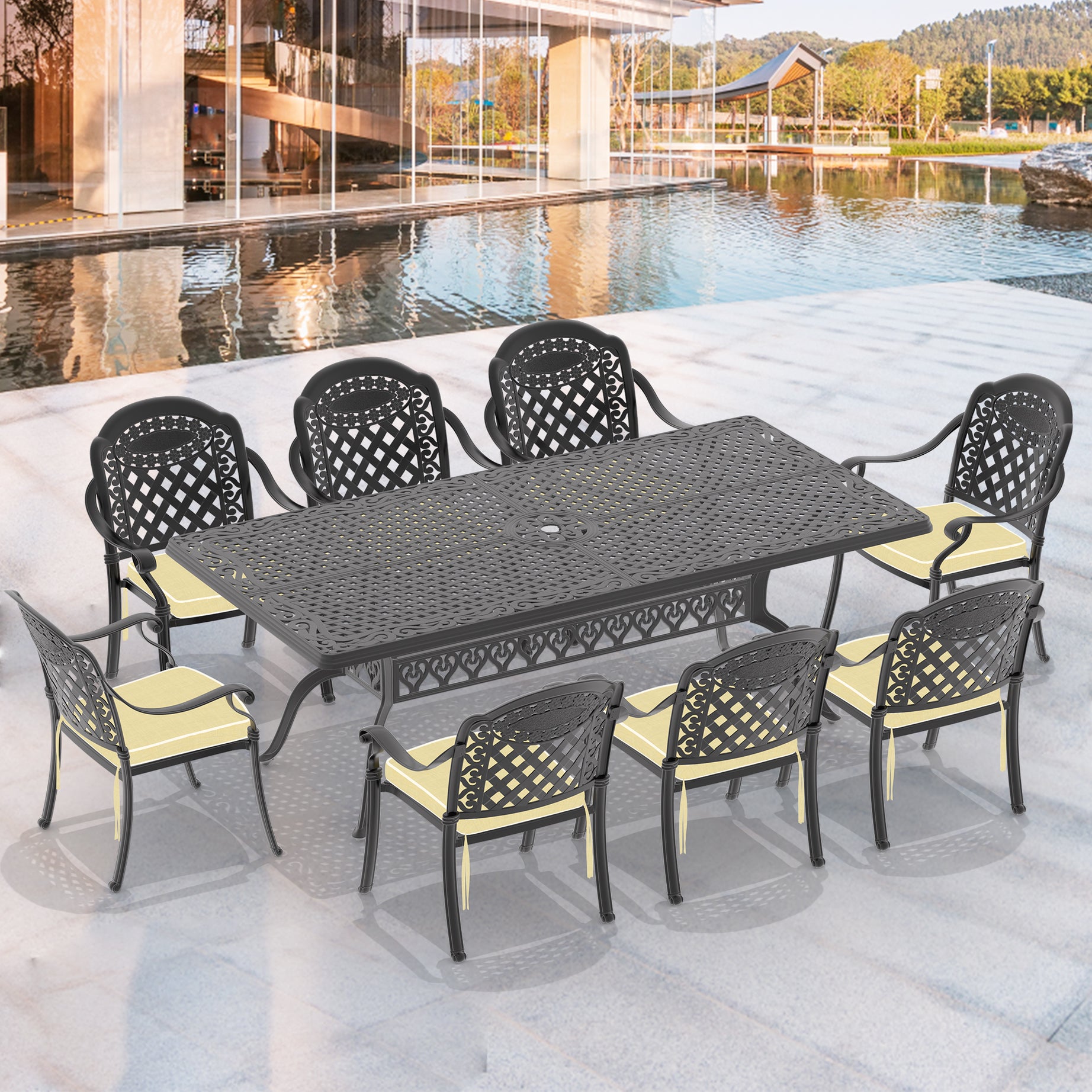 (Cushions In  Random Colors)9-Piece Set Of Cast Aluminum Patio Furniture With  Cushions--1