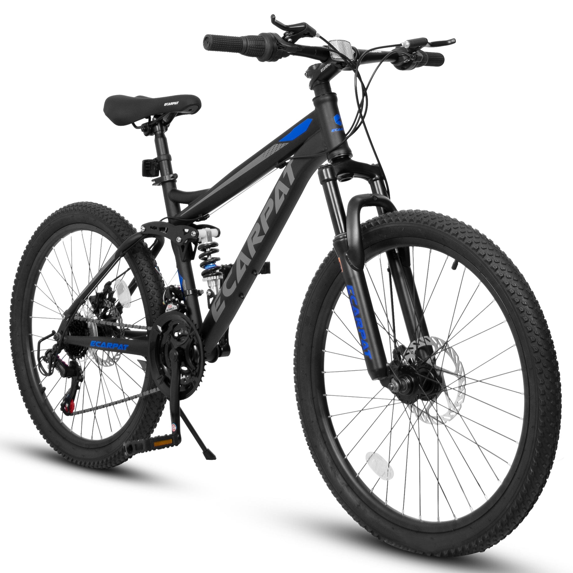 Ecarpat Mountain Bike 24 Inch Wheels, 21-Speed Full Suspension Mens Womens Trail Commuter City Mountain Bike, Carbon Steel Frame Disc Brakes Grip Shifter Front Fork Rear Shock Absorber Bicycles--1