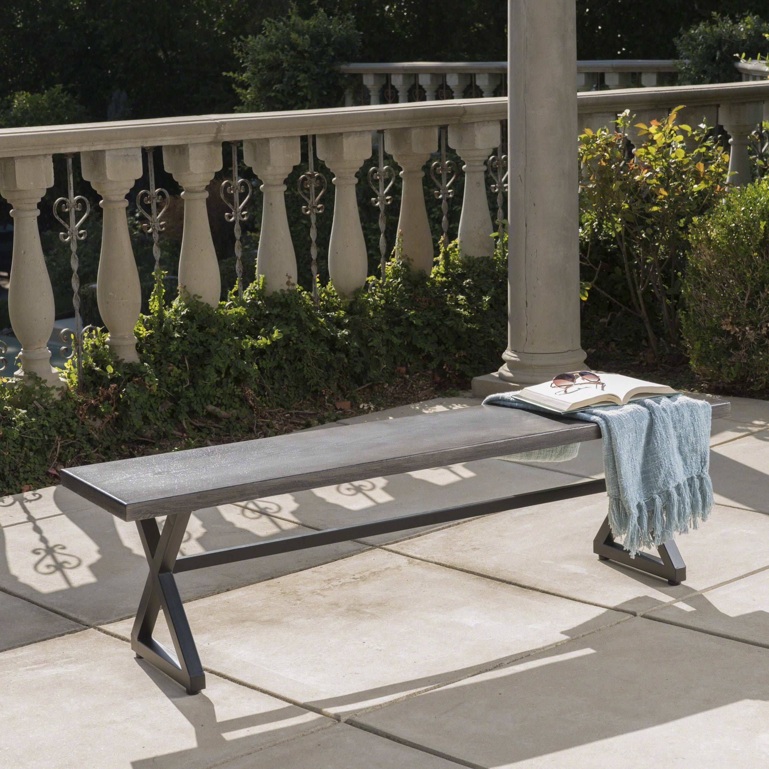 Outdoor Aluminum Dining Bench with Steel Frame, Grey / Black--1