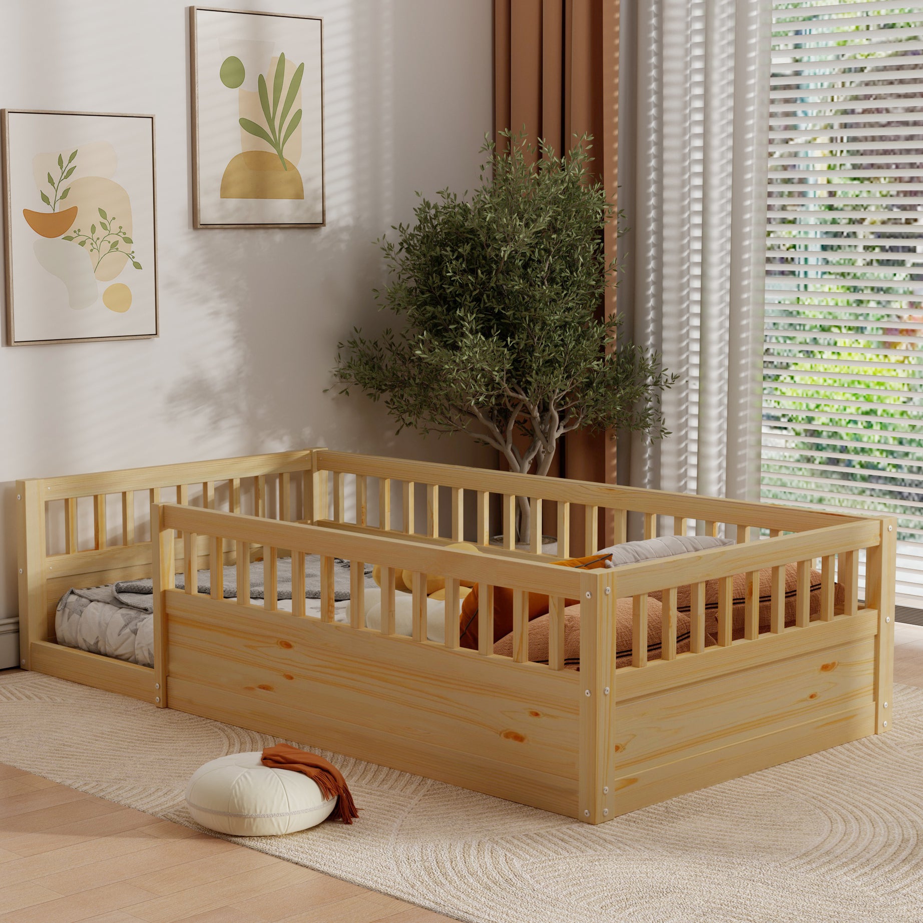 Twin Floor Bed Frame with Fence, Wood Kids Floor Beds Frame for Bedroom Playroom,Natural(Expect arrive date Jun. 21st)--1