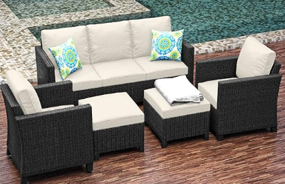 Sunscape 5 Piece Patio Furniture Wicker Conversation Set, Black / Off White--1