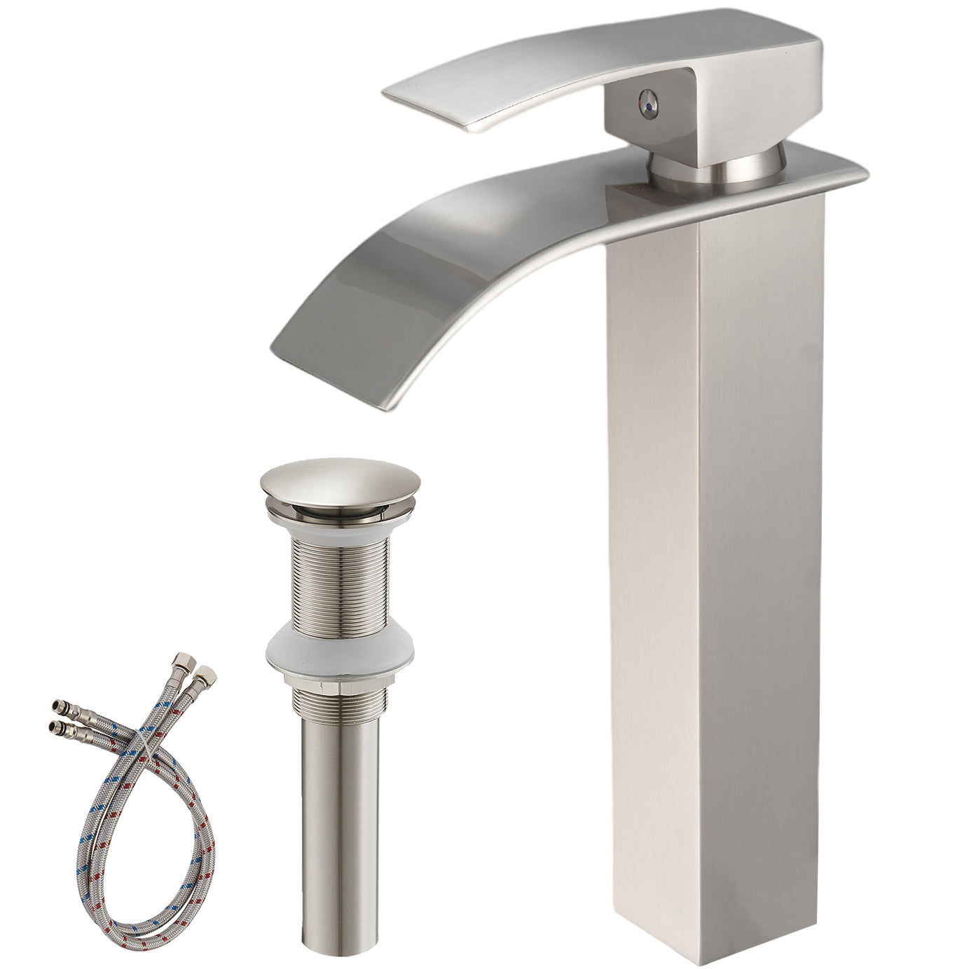 Brushed Nickel Waterfall Single-Handle Low-Arc Bathroom Faucet with Drain--1