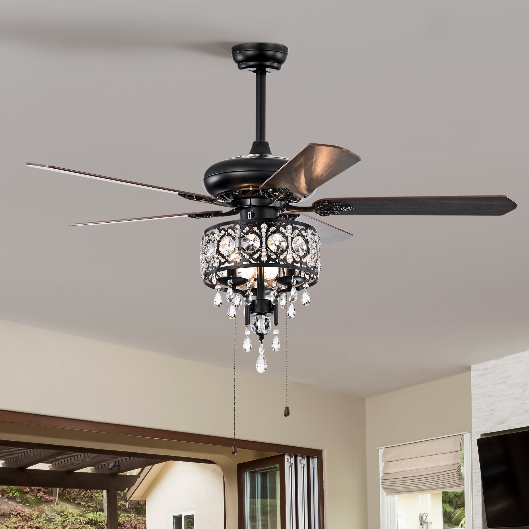 52'' Crystal Shade Ceiling Fan Lamp With Remote Control,3 Speed ,4 Timing , 5 Reversible Blades Crystal Ceiling Fan ,3PCS*E12  (NO Include Bulb) --  Hand Pull Chain--1