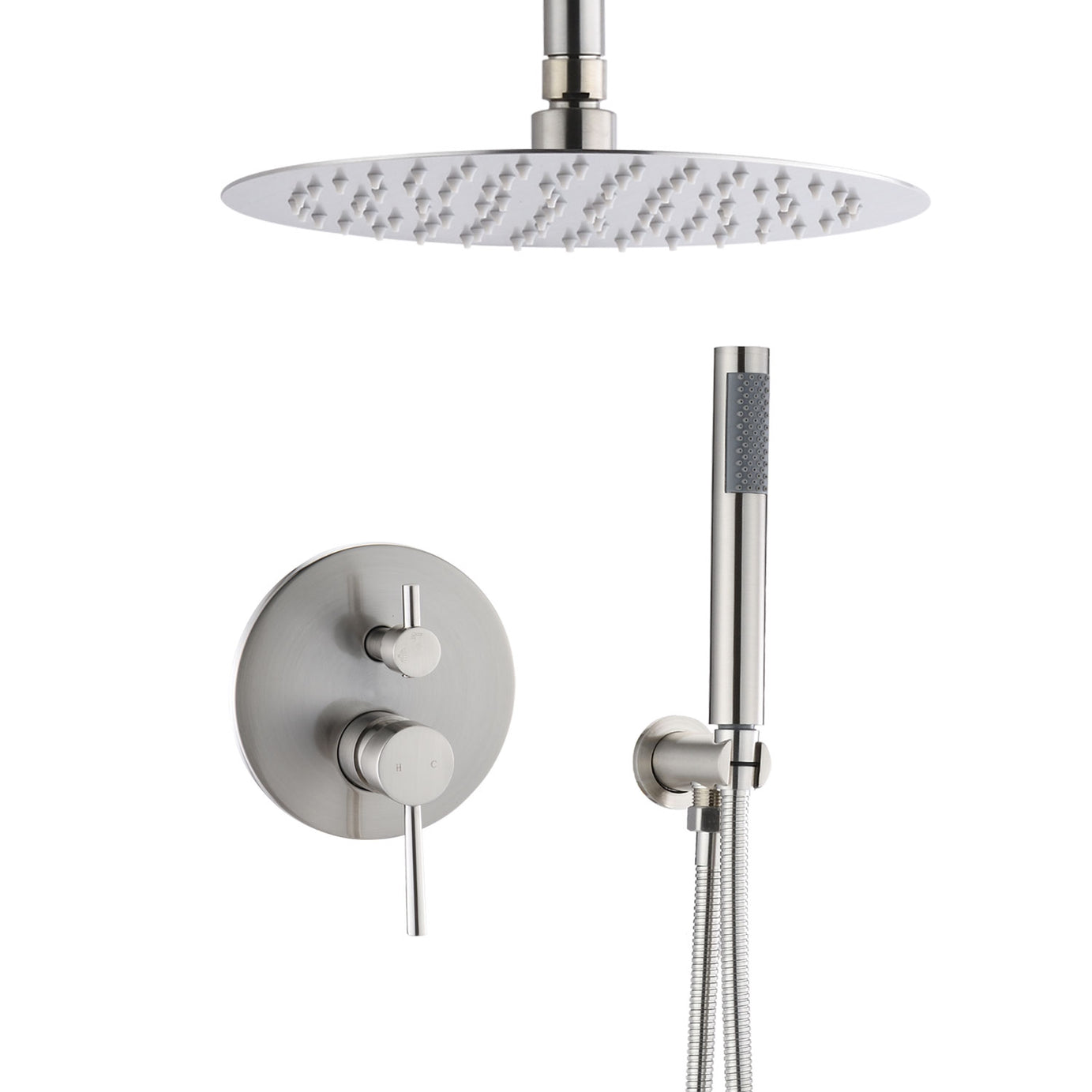 10" Round Rainfall and Handheld Shower System with 2-Handle Temperature and Flow Control in Brushed Nickel--1