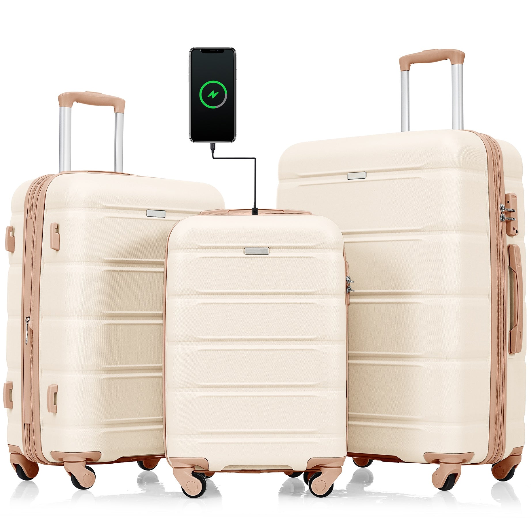 Luggage Set of 3, 20-inch with USB Port, Airline Certified Carry-on Luggage with Cup Holder, ABS Hard Shell Luggage with Spinner Wheels, beige and golden--1