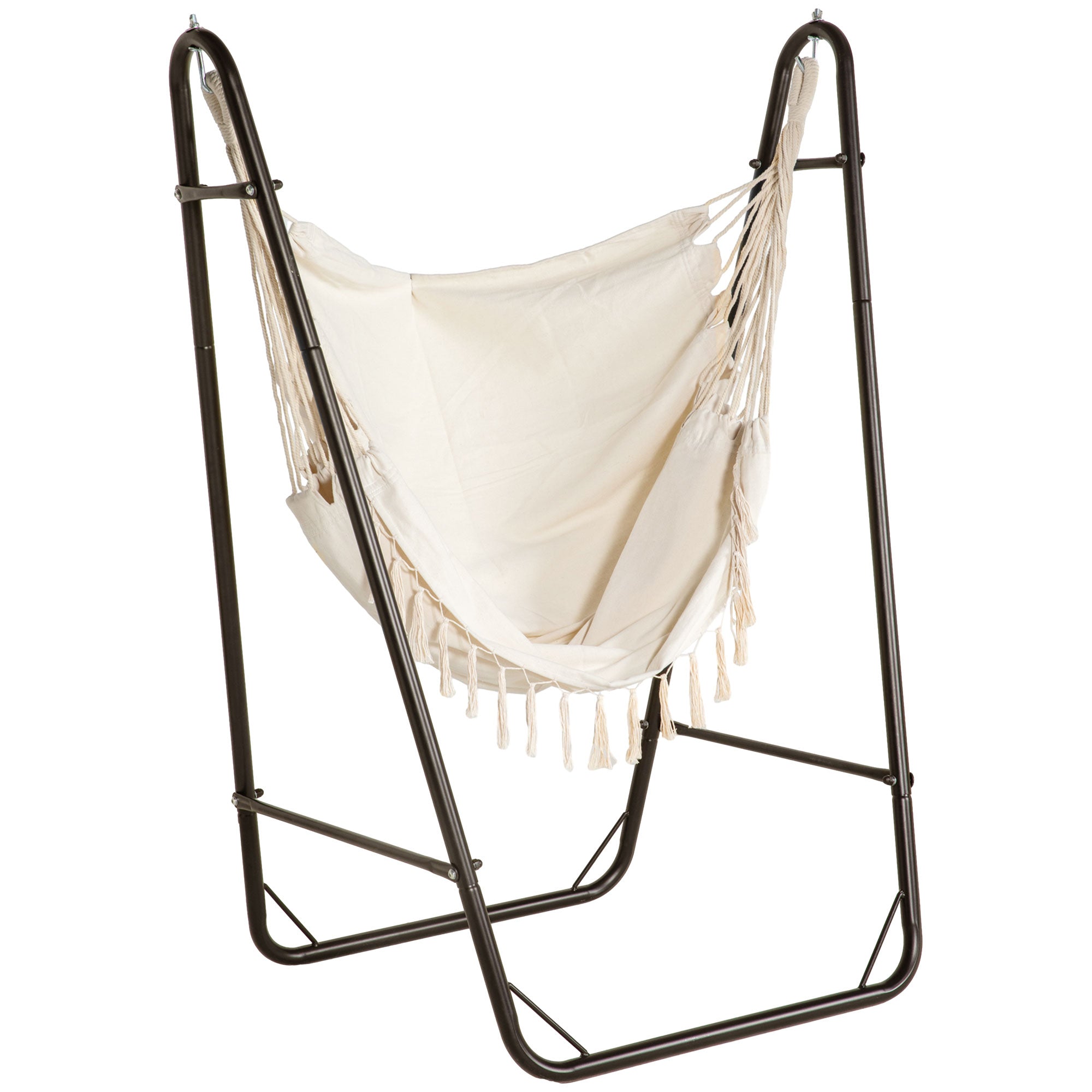 Outsunny Patio Hammock Chair with U Shape Stand, Outdoor Hammock Swing Hanging Lounge Chair with Side Pocket, Brown/Cream White--1