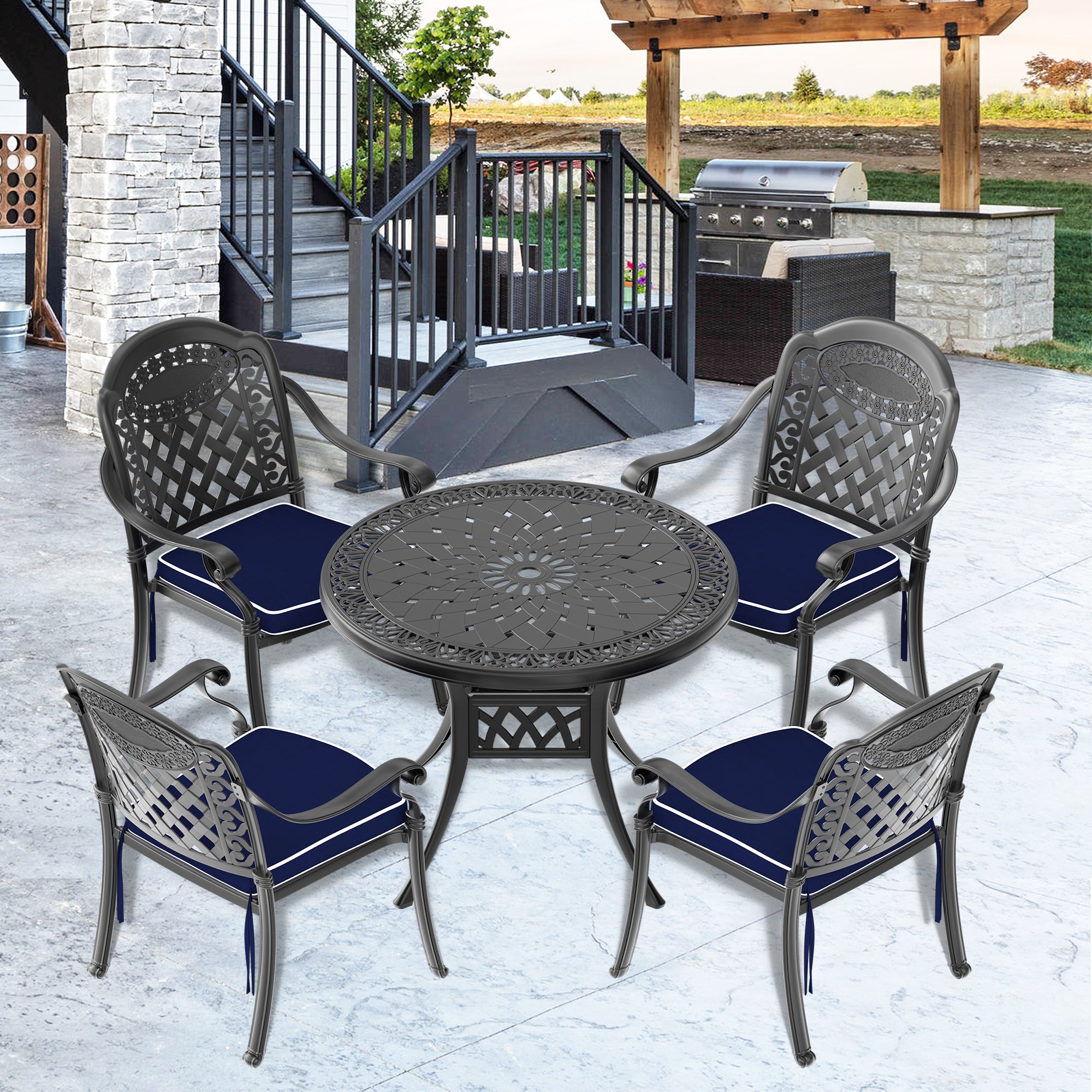 (Cushions In  Random Colors)5-Piece Set Of Cast Aluminum Patio Furniture With  Cushions--1