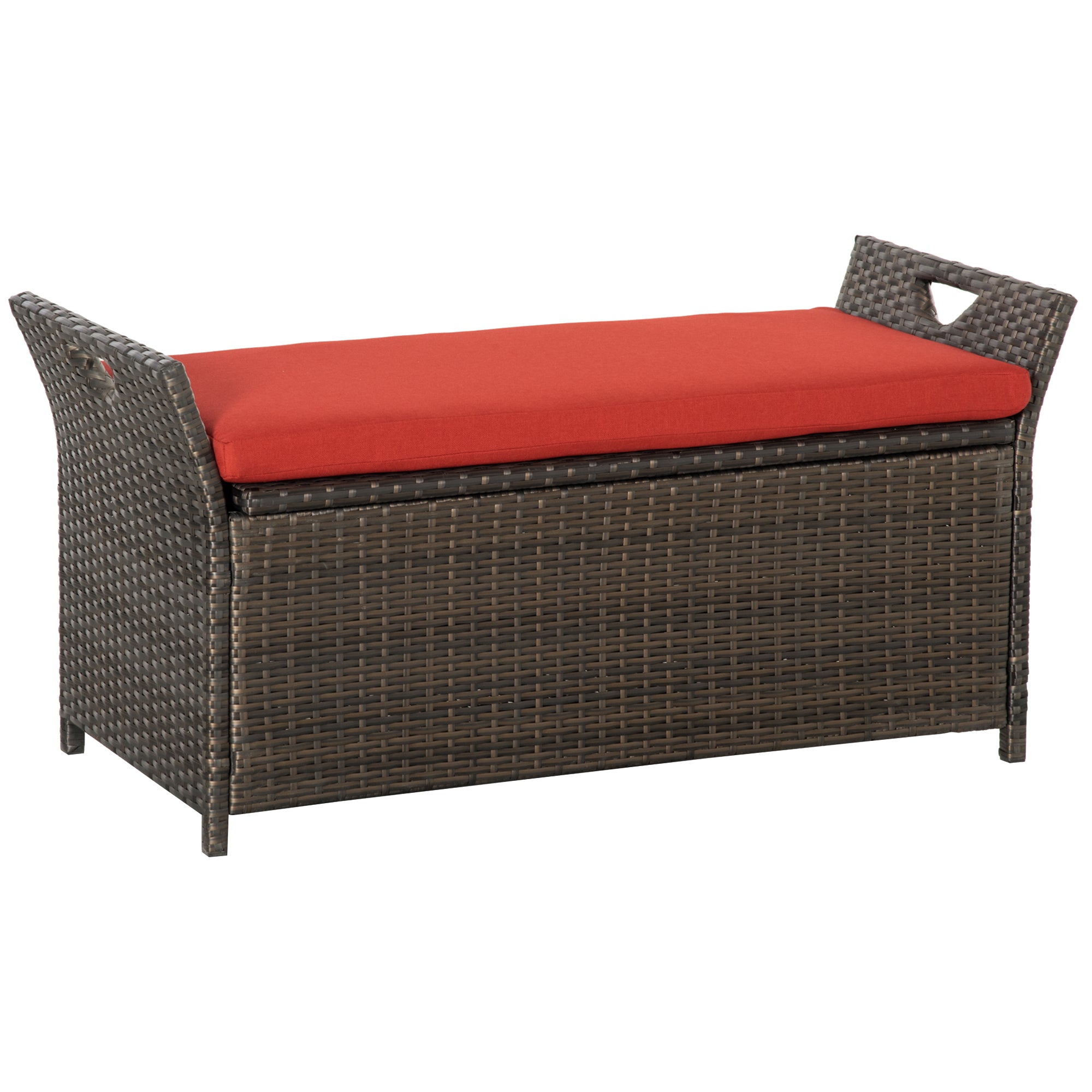 Outsunny 27 Gallon Patio Wicker Storage Bench, Outdoor PE Rattan Patio Furniture, 2-In-1 Large Capacity Rectangle Garden Storage Box with Handles and Cushion, Red--1