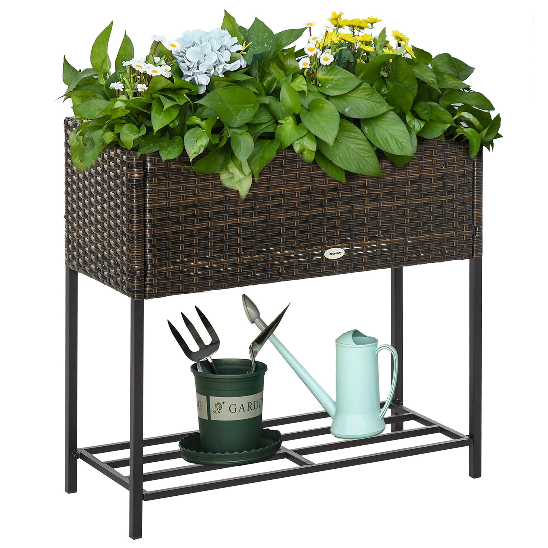 Outsunny Raised Garden Bed, Elevated Planter Box with Rattan Wicker Look, Tool Storage Shelf, Portable Design for Herbs, Vegetables, Flowers, Brown--1