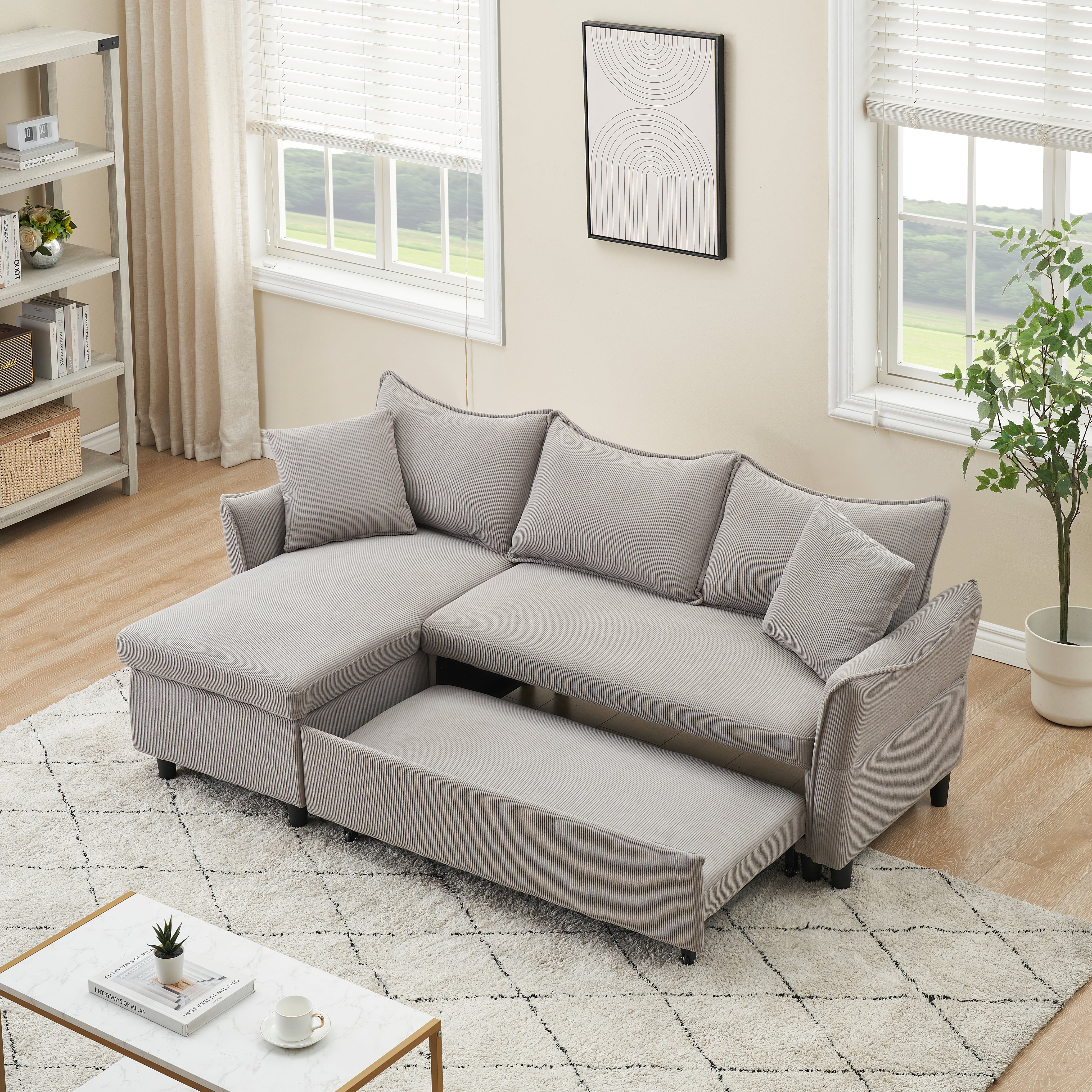 This 80-inch gray corduroy L-shaped sofa comes with two small throw pillows that can be converted into a sofa bed for storage--3