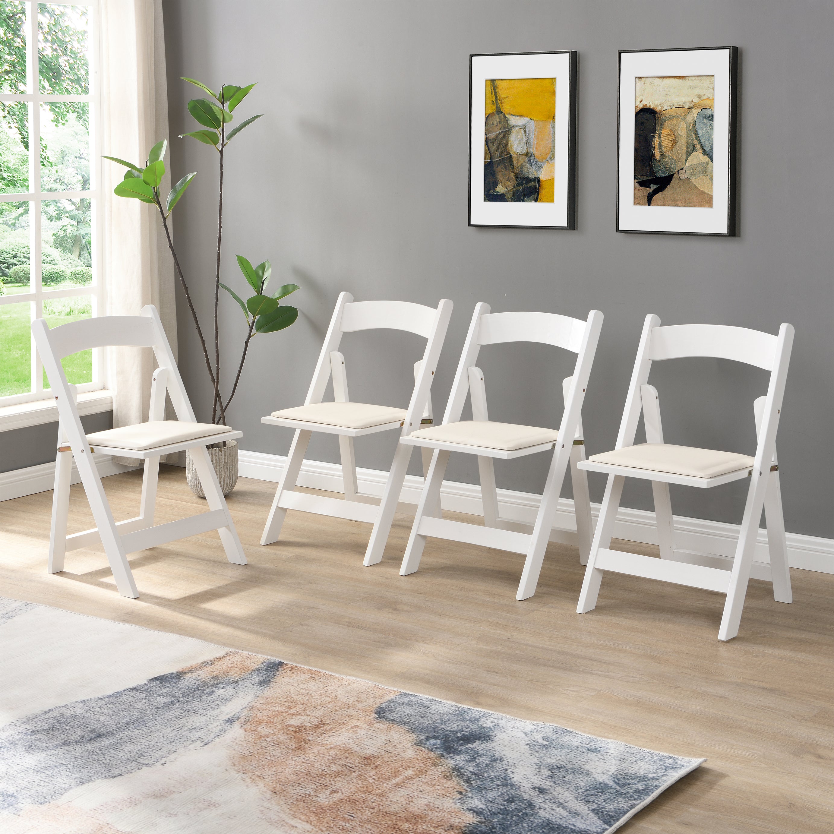 Upholstered folding  chair,space saving, easy to carry, ,4PCS,Beige cushion/white shelf,Dining room--1