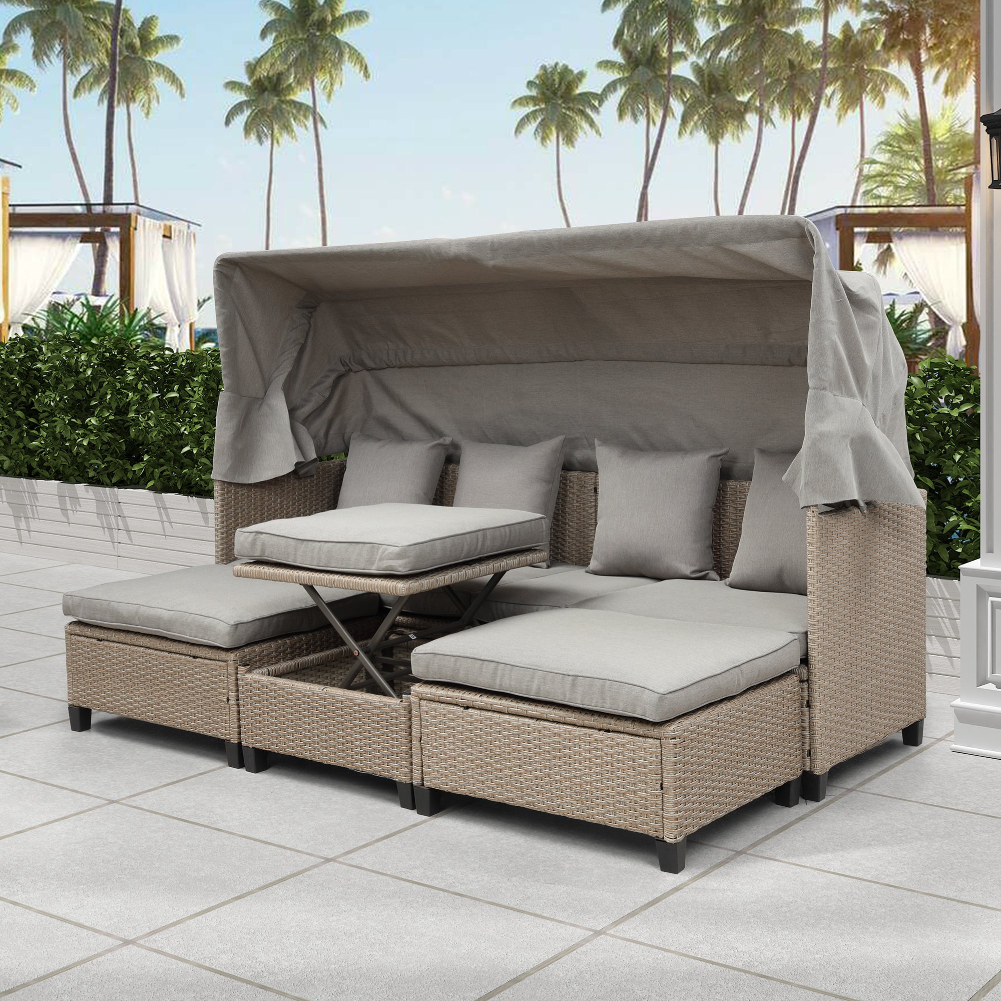 TOPMAX 4 Piece UV-Proof Resin Wicker Patio Sofa Set with Retractable Canopy, Cushions and Lifting Table,Brown--1