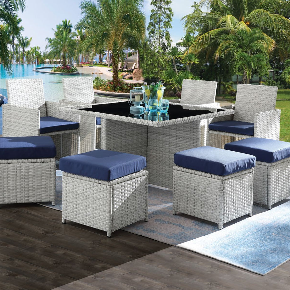 ACME Paitalyi 9Pc Patio Set, Blue Fabric & Wicker (1Set/3Ctn) 45075--1