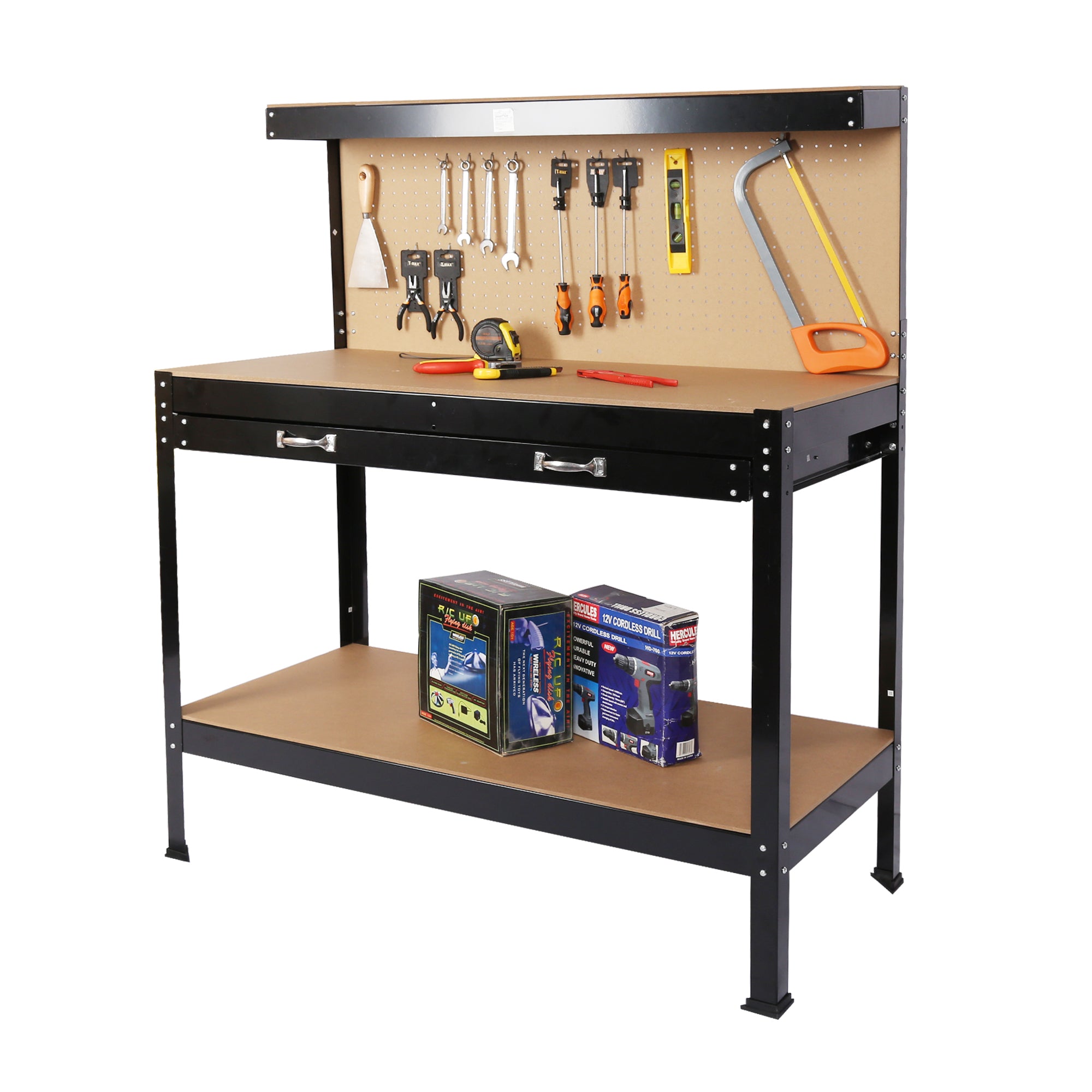 Steel Workbench Tool Storage Work Bench Workshop Tools Table W/Drawer and Peg Board 63"--1