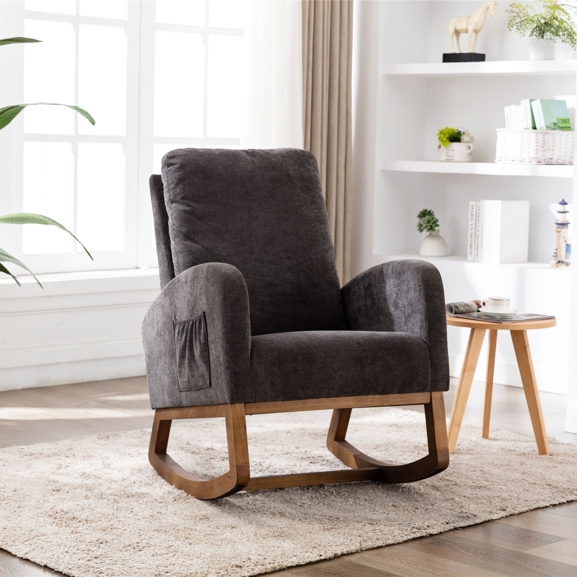 COOLMORE Rocking Chair, Modern Glider Chair, Recliner Armchair with Wood Legs and Side Pocket, Nursery Rocking Accent Chair with High Back for Living Room Bedroom (Dark Gray linen)--1