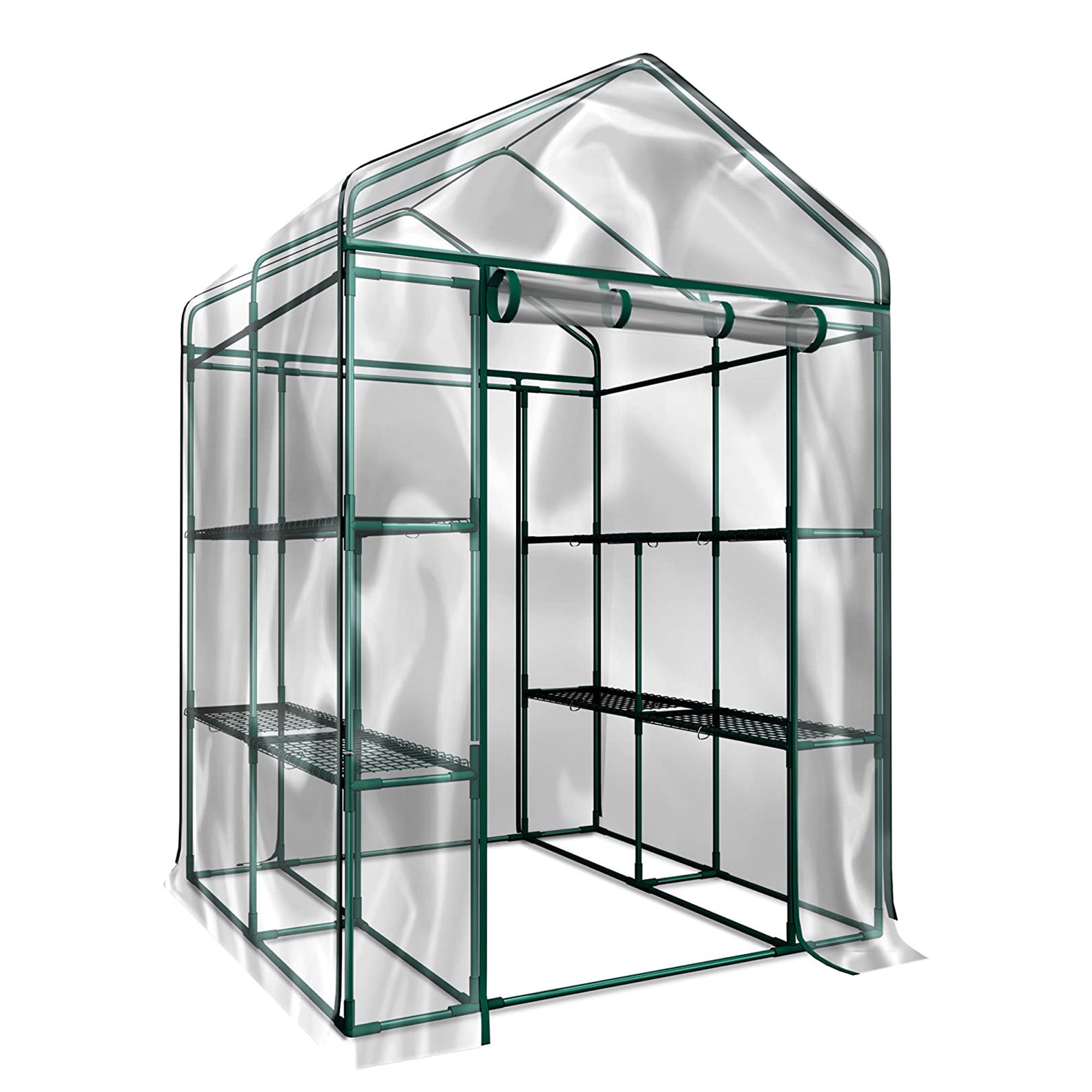 Outdoor 56" W x 56" D x 76" H Green House ,Walk-in Plant Gardening Greenhouse With 2 Tiers 8 Shelves(Transparent Cover)--1