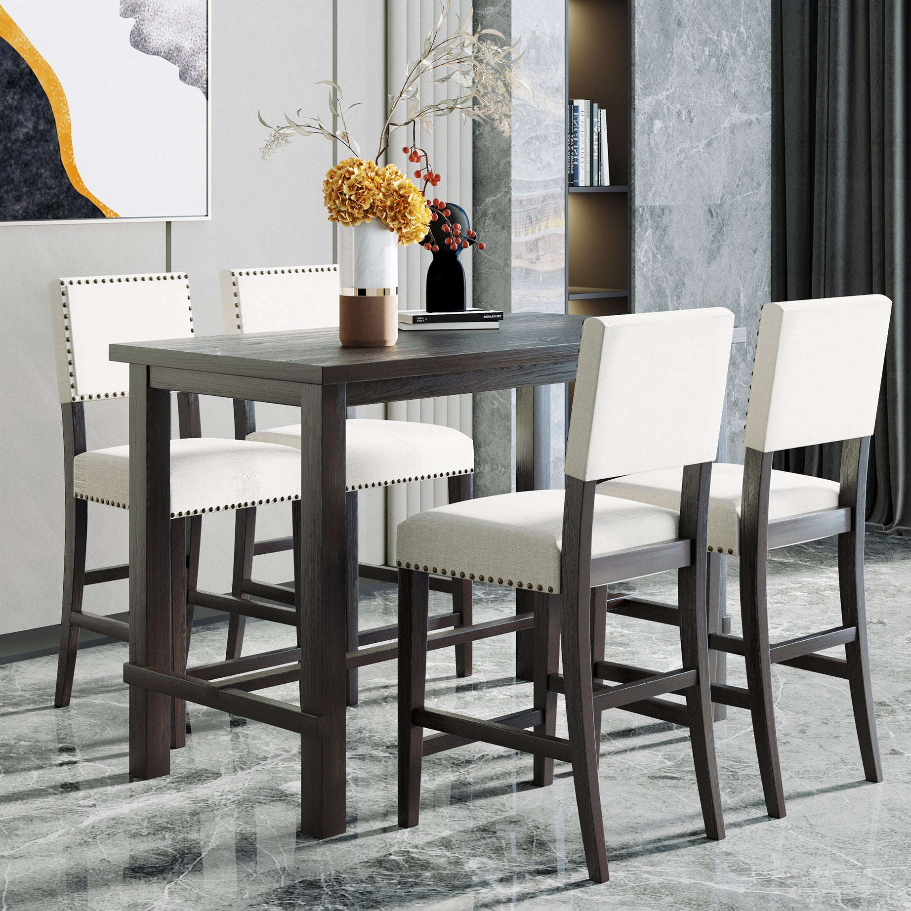 TREXM 5-Piece Counter Height Dining Set, Classic Elegant Table and 4 Chairs in Espresso and Beige--1