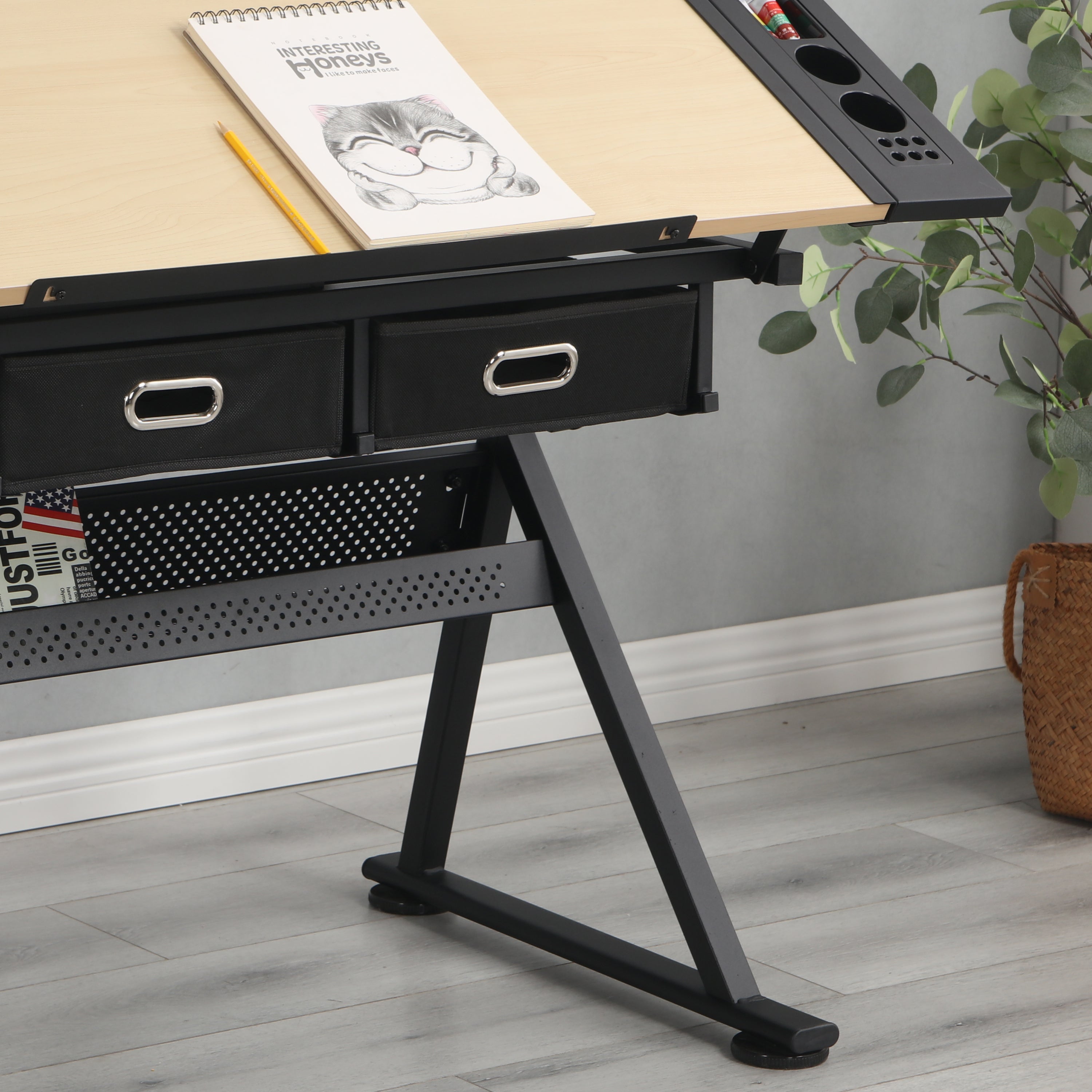 adjustable drawing drafting table desk with 2 drawers for home office and school with stool(wood)--5