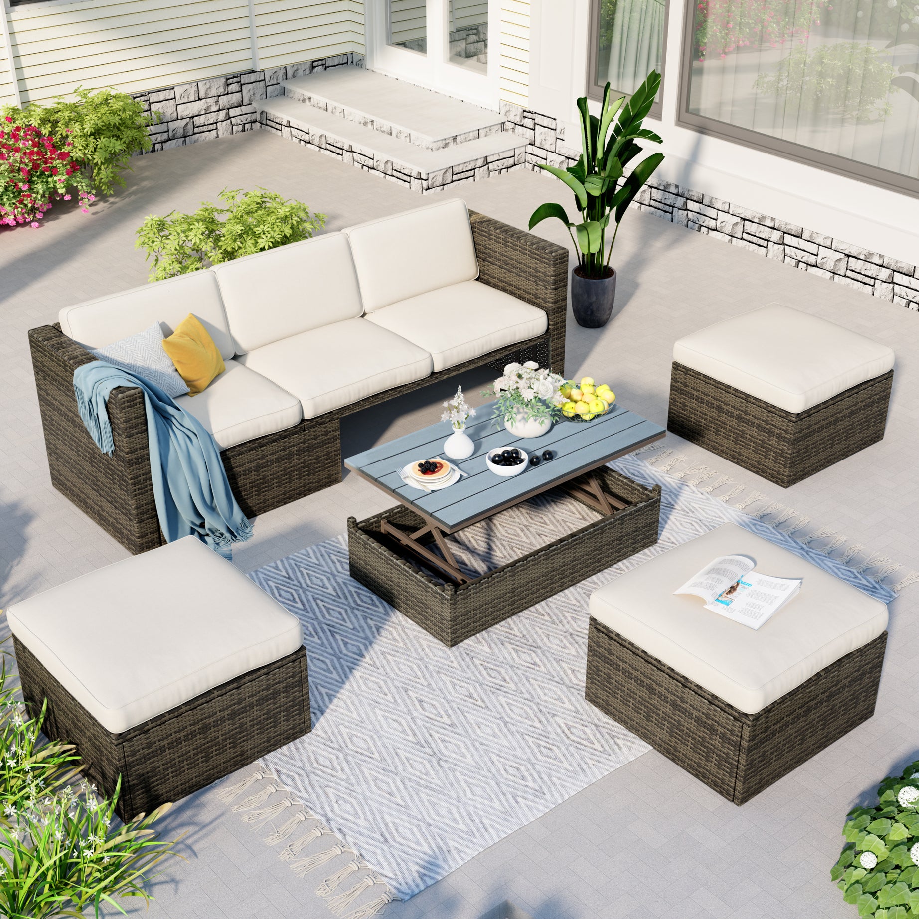 U_STYLE Patio Furniture Sets, 5-Piece Patio Wicker Sofa with Adustable Backrest, Cushions, Ottomans and Lift Top Coffee Table--1