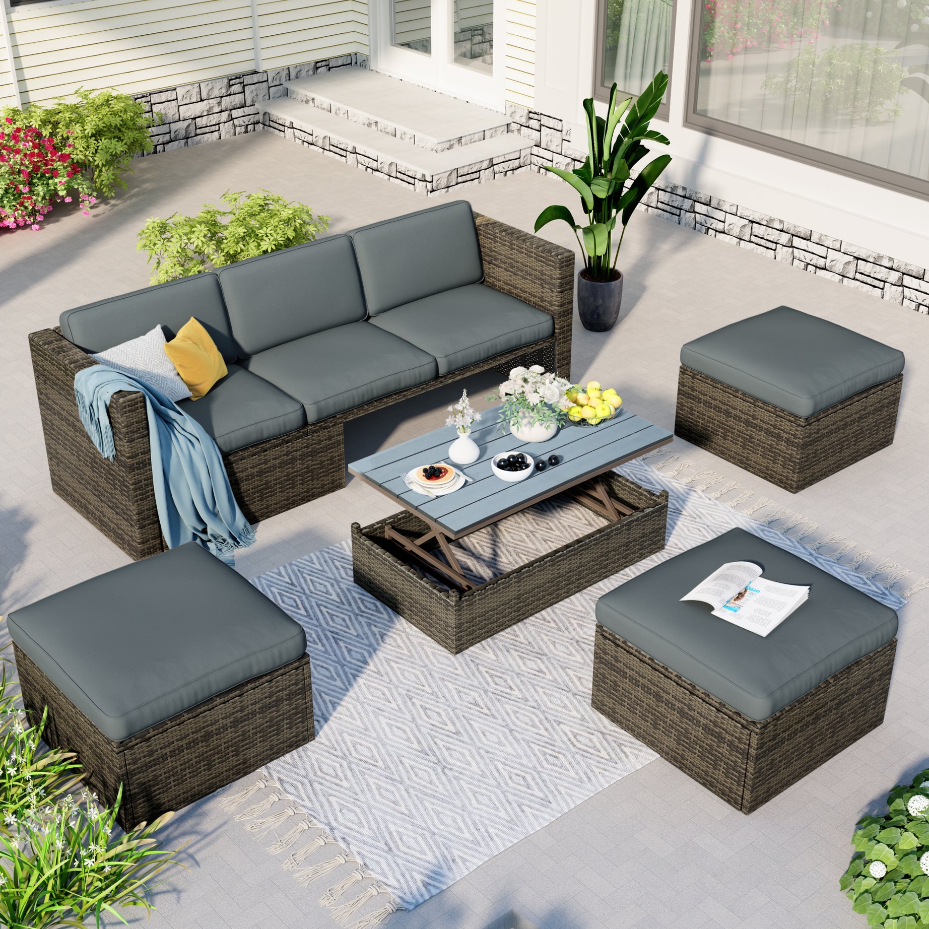 U_STYLE Patio Furniture Sets, 5-Piece Patio Wicker Sofa with Adustable Backrest, Cushions, Ottomans and Lift Top Coffee Table--1