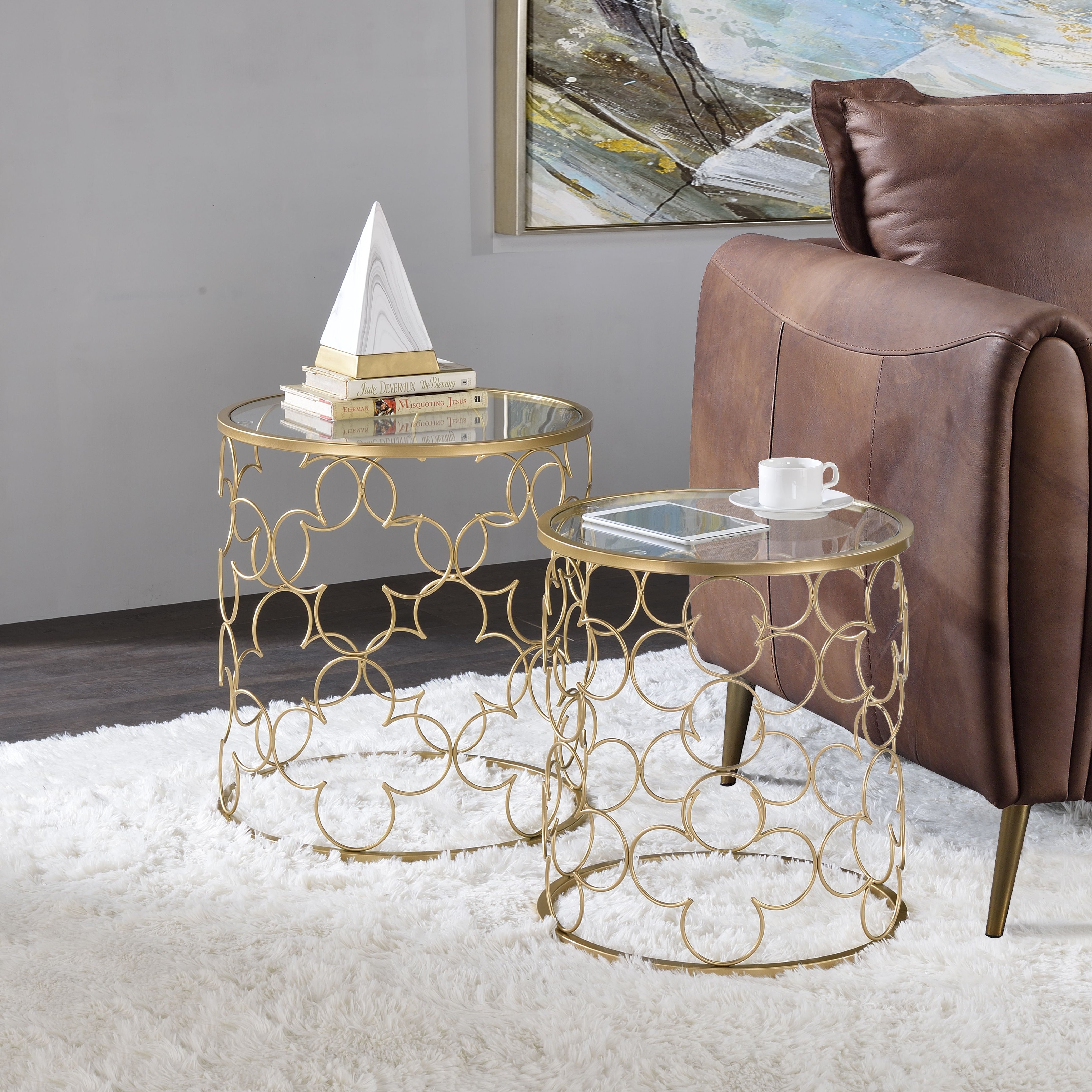 ACME Flowie Nesting Table, Clear Glass & Gold Finish 82342--1