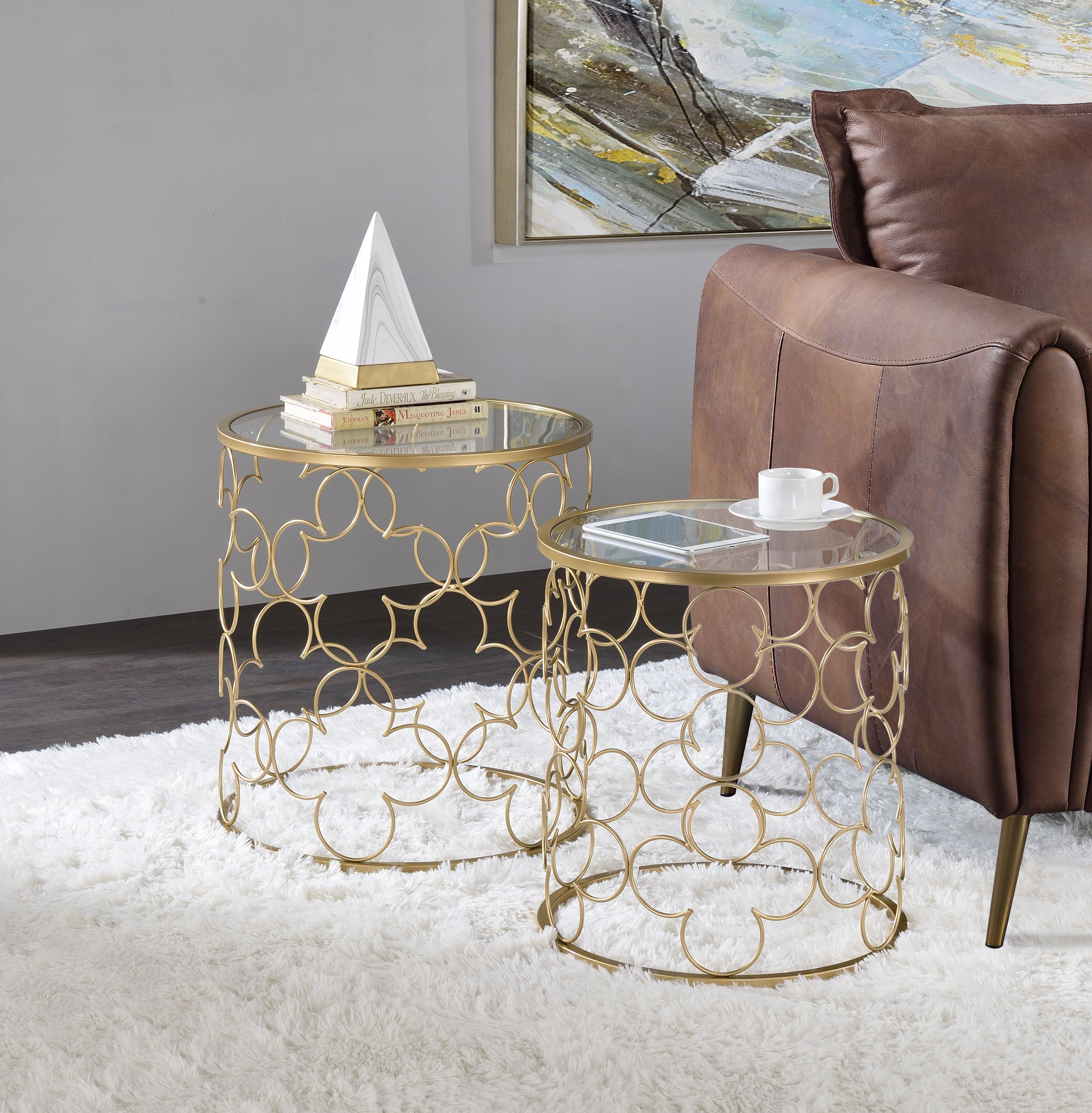 ACME Flowie Nesting Table, Clear Glass & Gold Finish 82342--1