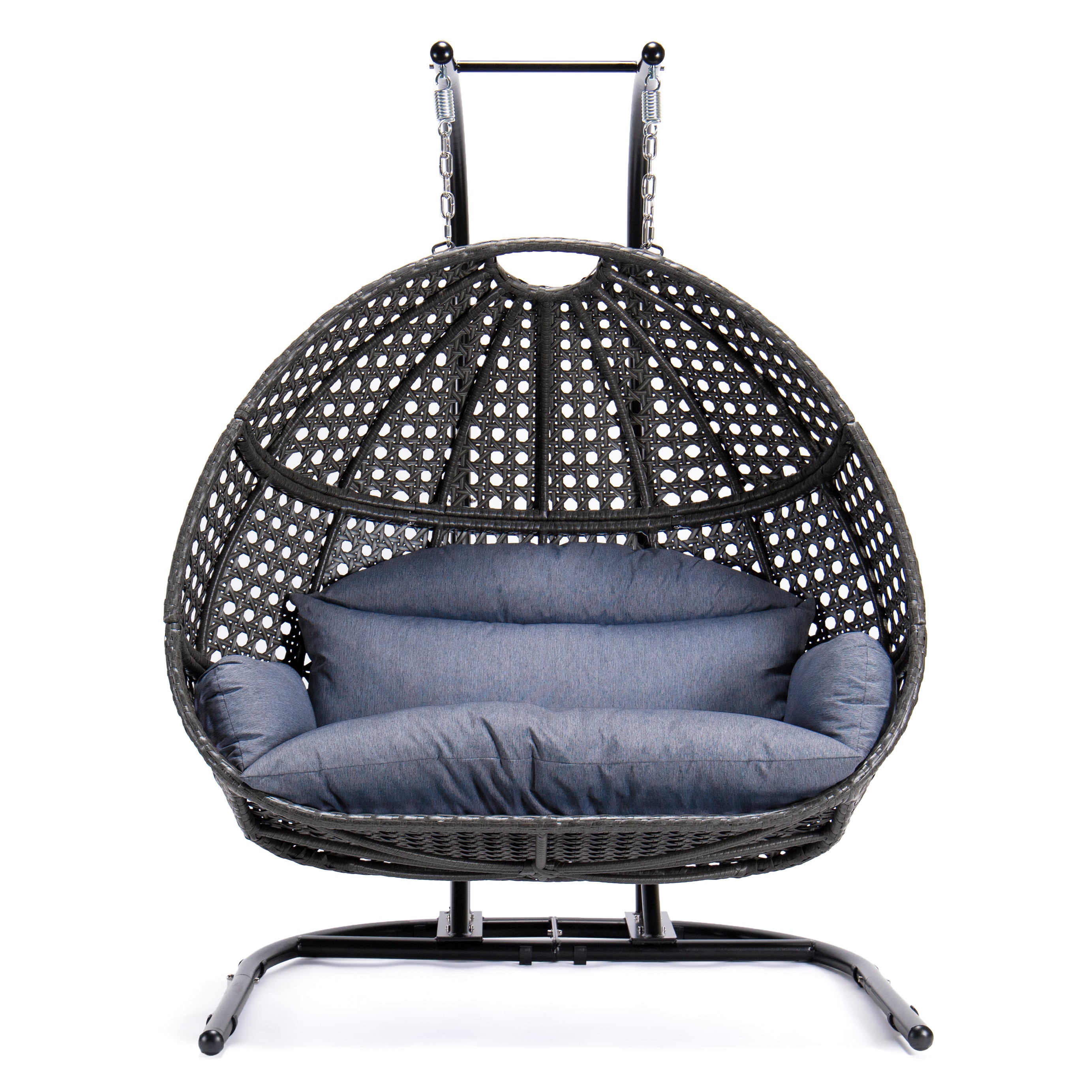 Charcoal Wicker Hanging Double-Seat Swing Chair with Stand w/Dust Blue Cushion--1