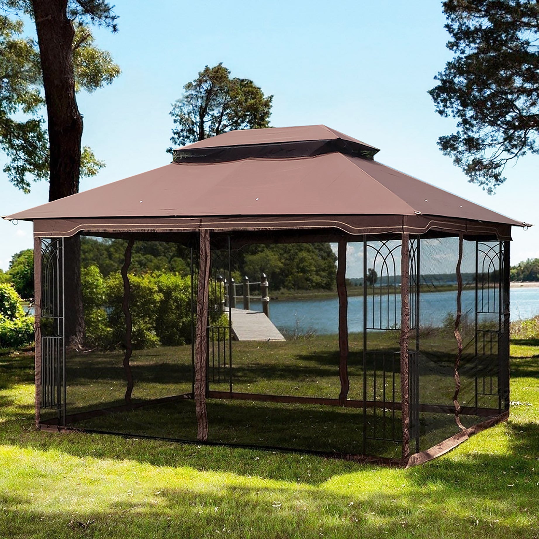 13x10 Outdoor Patio Gazebo Canopy Tent With Ventilated Double Roof And Mosquito net(Detachable Mesh Screen On All Sides),Suitable for Lawn, Garden, Backyard and Deck,Brown Top--1