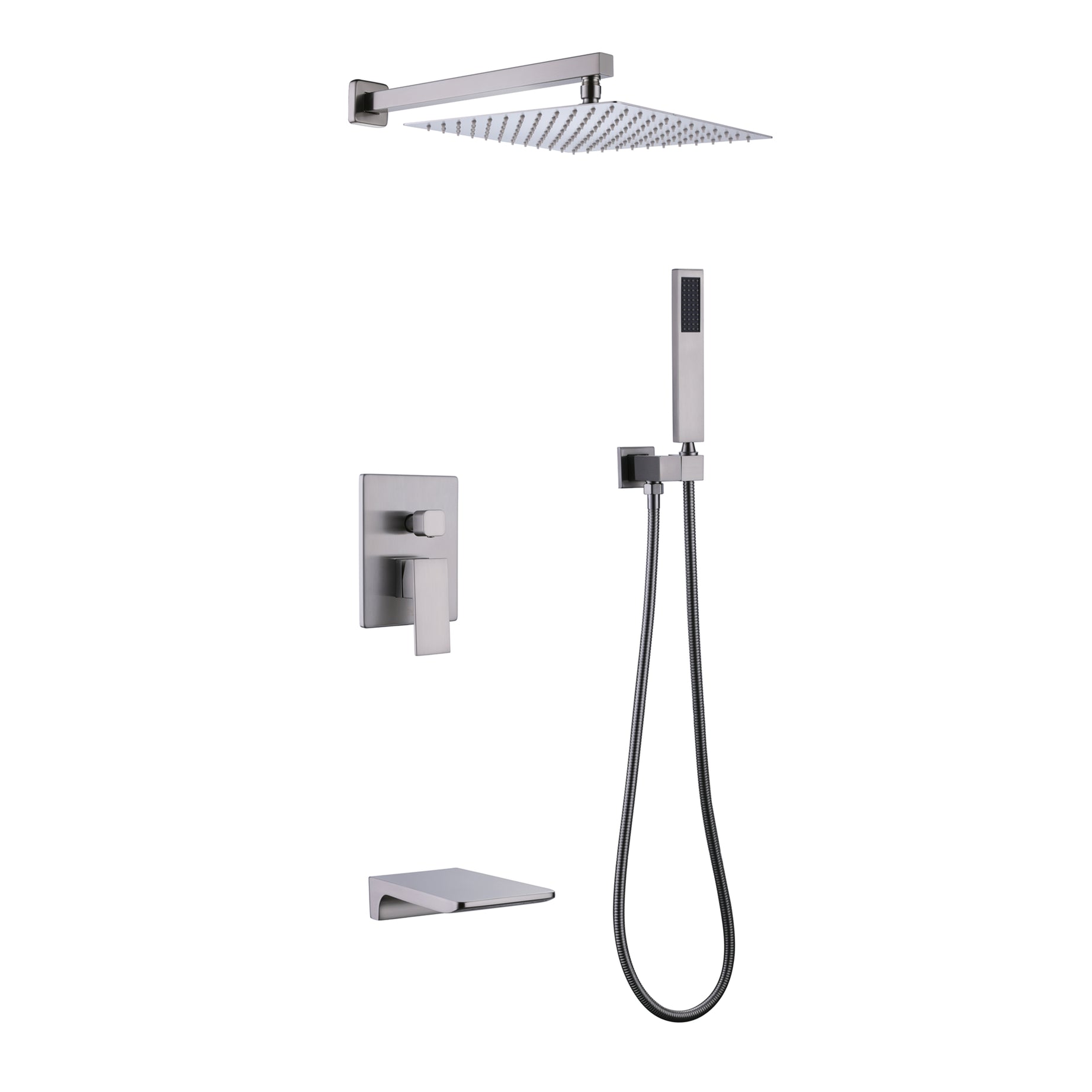 Trustmade Wall Mounted Square Rainfall Pressure Balanced Complteted Shower System with Rough-in Valve, 3 Function, 10 inches Brushed Nickel - 3W02--1