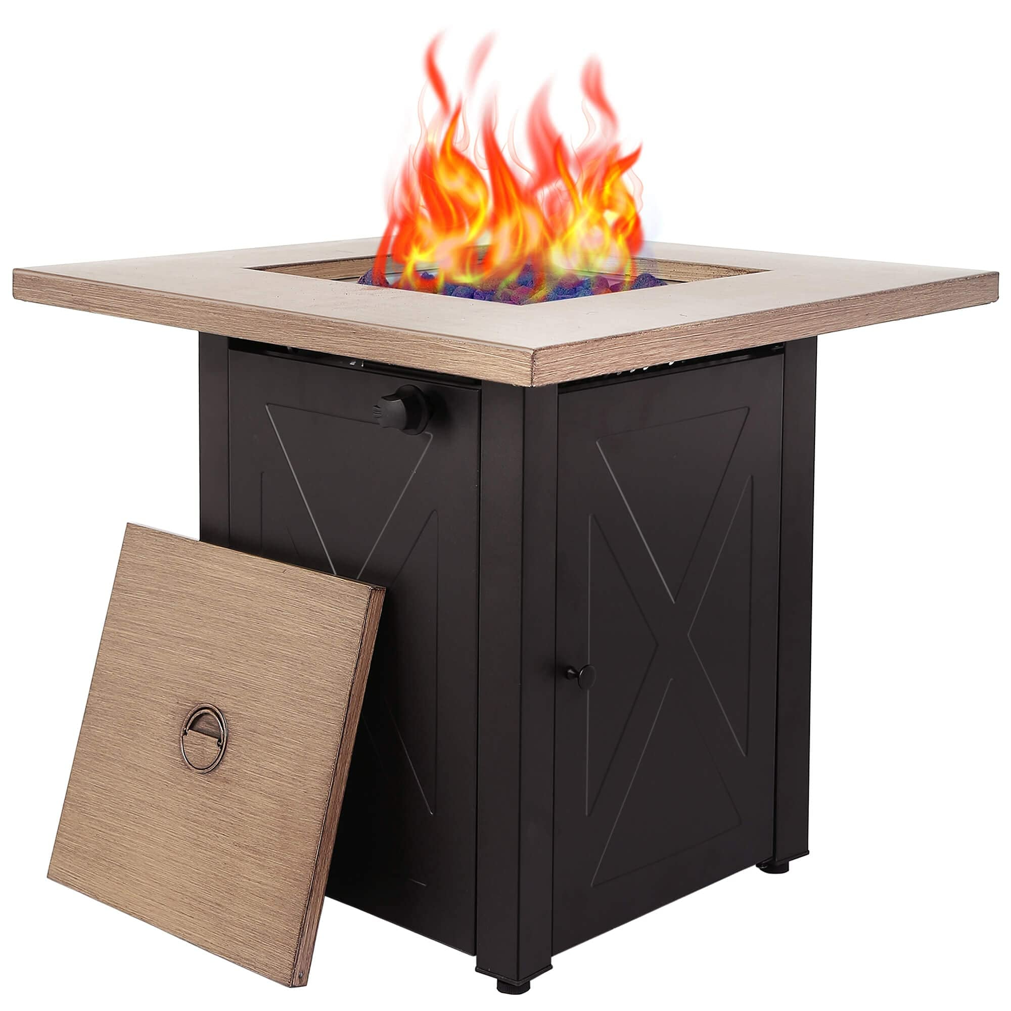 28inch Outdoor Gas Fire Pit Table , 48,000 BTU, Square Outdside Propane Patio Firetable, ETL Certification, Bionic Wood Grain Lid, for Backyard, Garden, Party, Deck, Courtyard--1