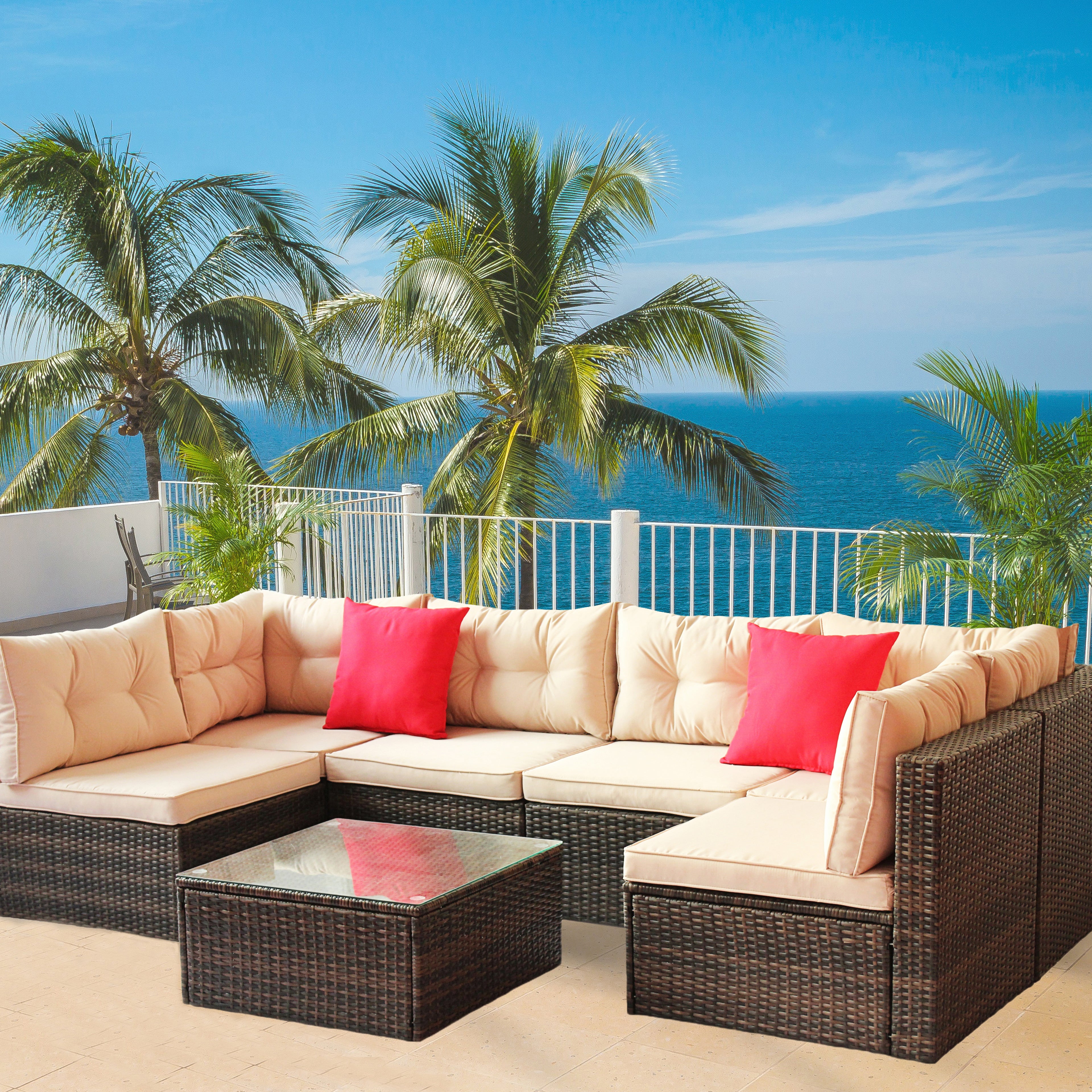 Patio Furniture Set PE Rattan Sectional Garden Furniture Corner Sofa Set (7 Pieces, Shallow brownCushion)--1