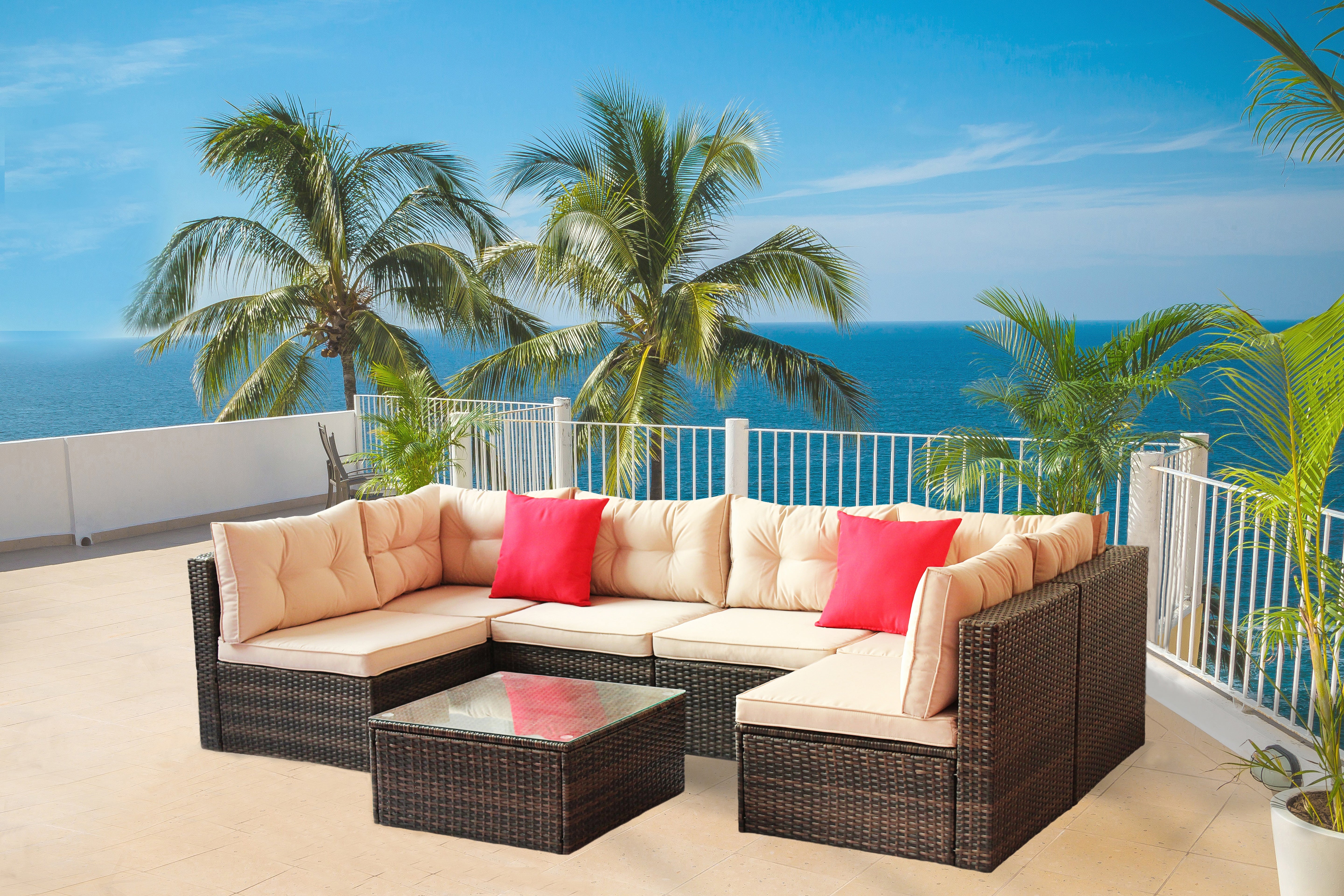 Patio Furniture Set PE Rattan Sectional Garden Furniture Corner Sofa Set (7 Pieces, Shallow brownCushion)--1