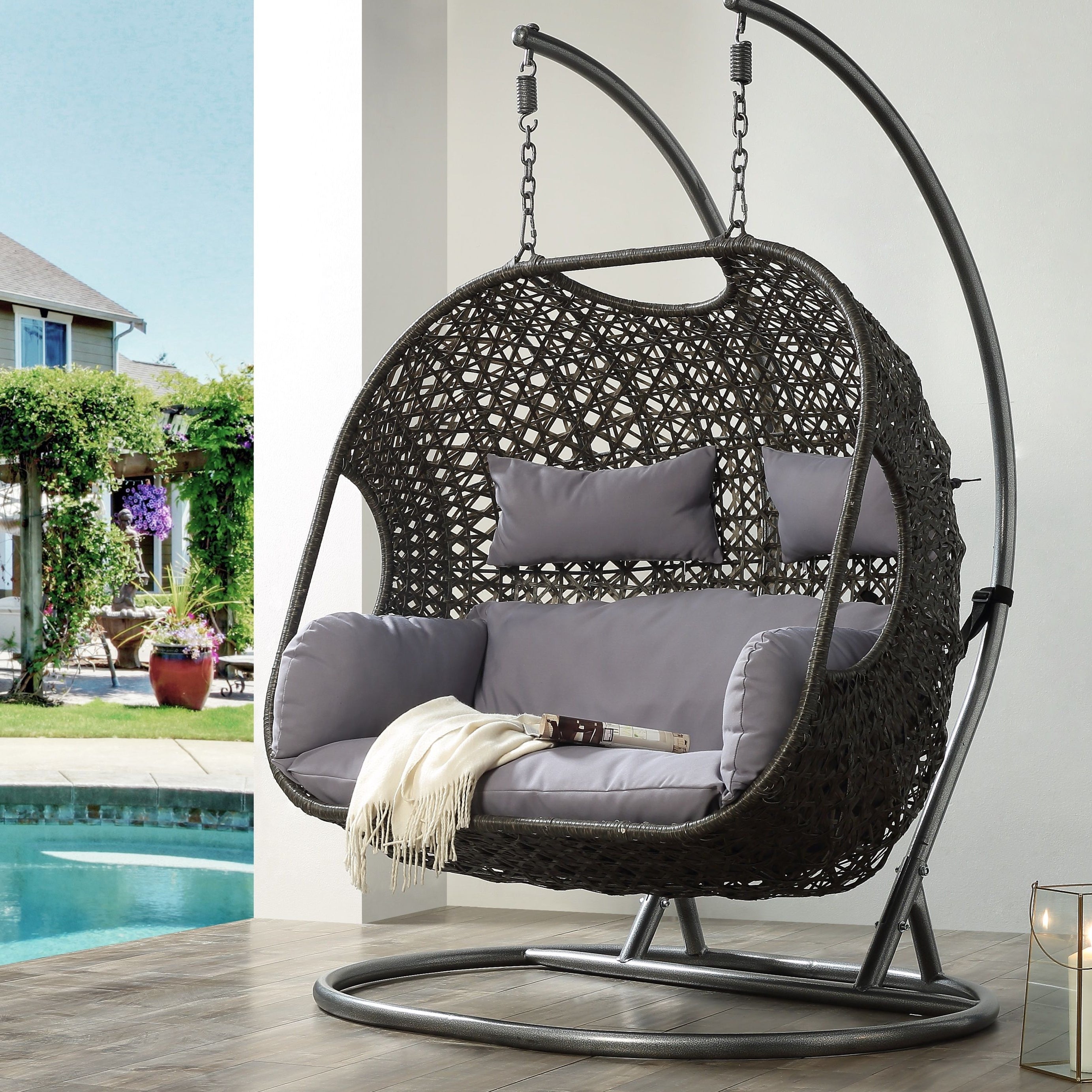 ACME Vasta Patio Swing Chair with Stand, Fabric & Wicker (1Set/3Ctn) 45084--1