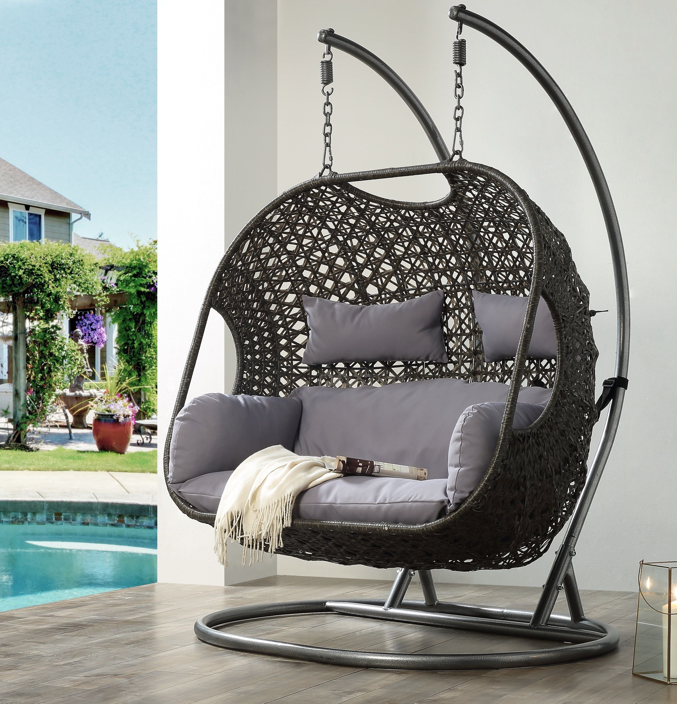 ACME Vasta Patio Swing Chair with Stand, Fabric & Wicker (1Set/3Ctn) 45084--1