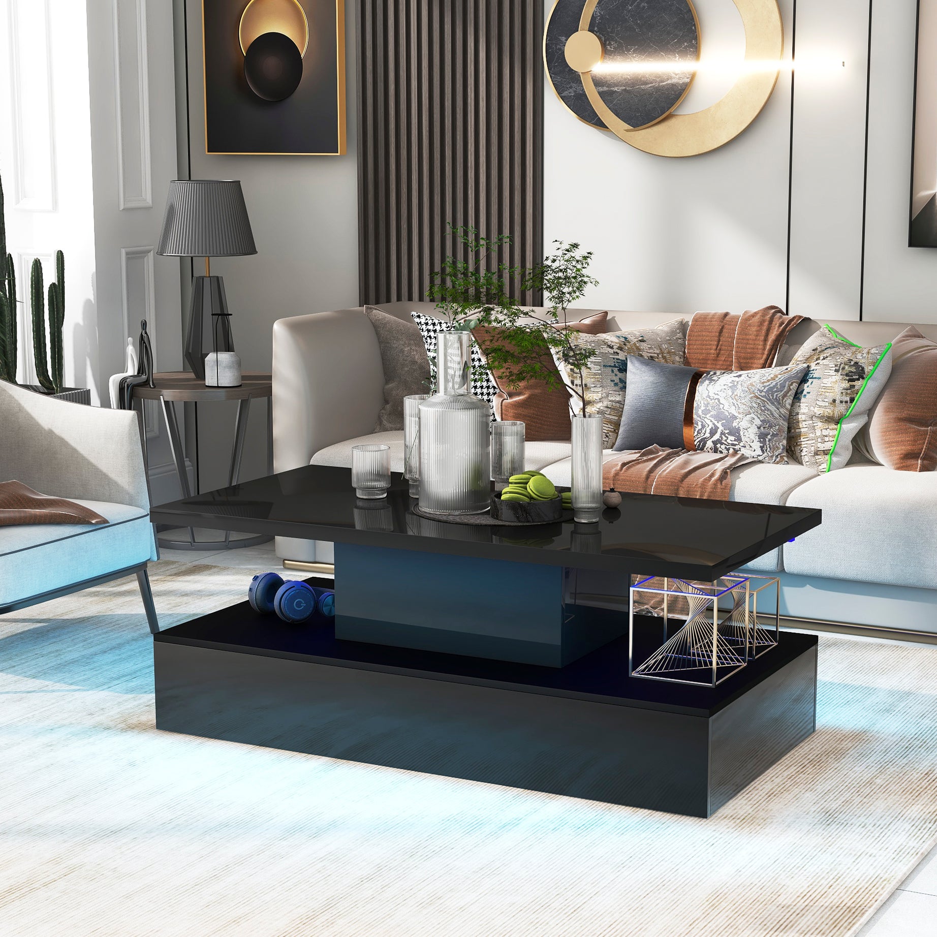 ON-TREND Coffee Table Cocktail Table Modern Industrial Design with LED lighting, 16 colors with a remote control (Black)--1