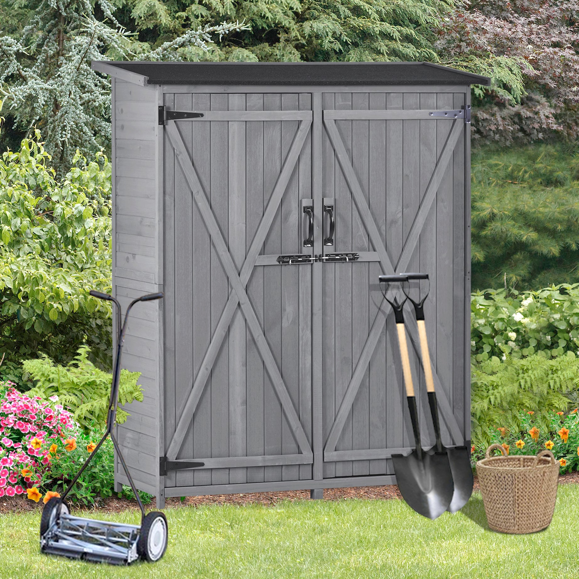 TOPMAX Outdoor 5.3ft Hx4.6ft L Wood Storage Shed Tool Organizer,Garden Shed, Storage Cabinet with Waterproof Asphalt Roof, Double Lockable Doors, 3-tier Shelves for Backyard, Gray--1