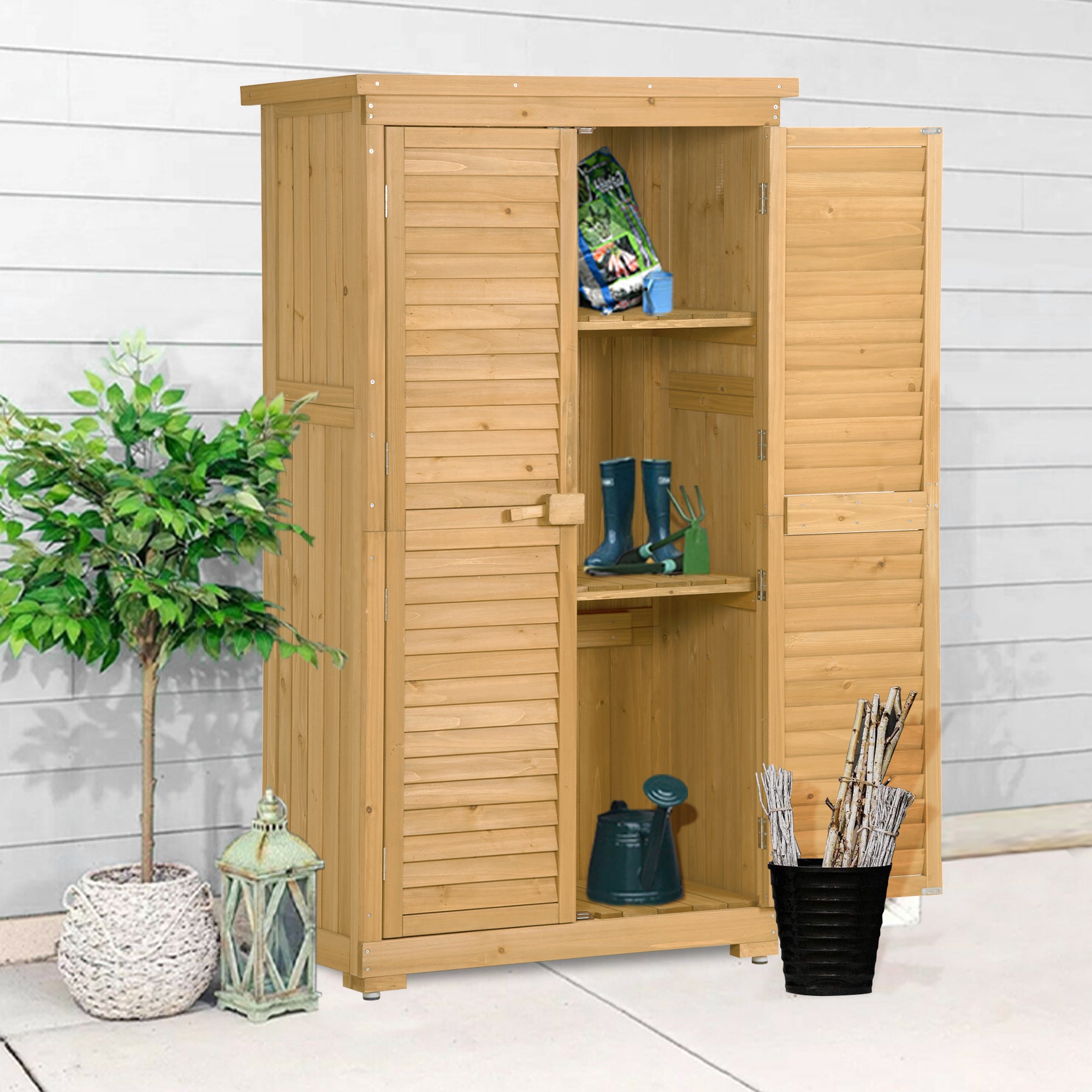 TOPMAX Wooden Garden Shed 3-tier Patio Storage Cabinet Outdoor Organizer Wooden Lockers with Fir Wood (Natural Wood Color -Shutter Design)--1