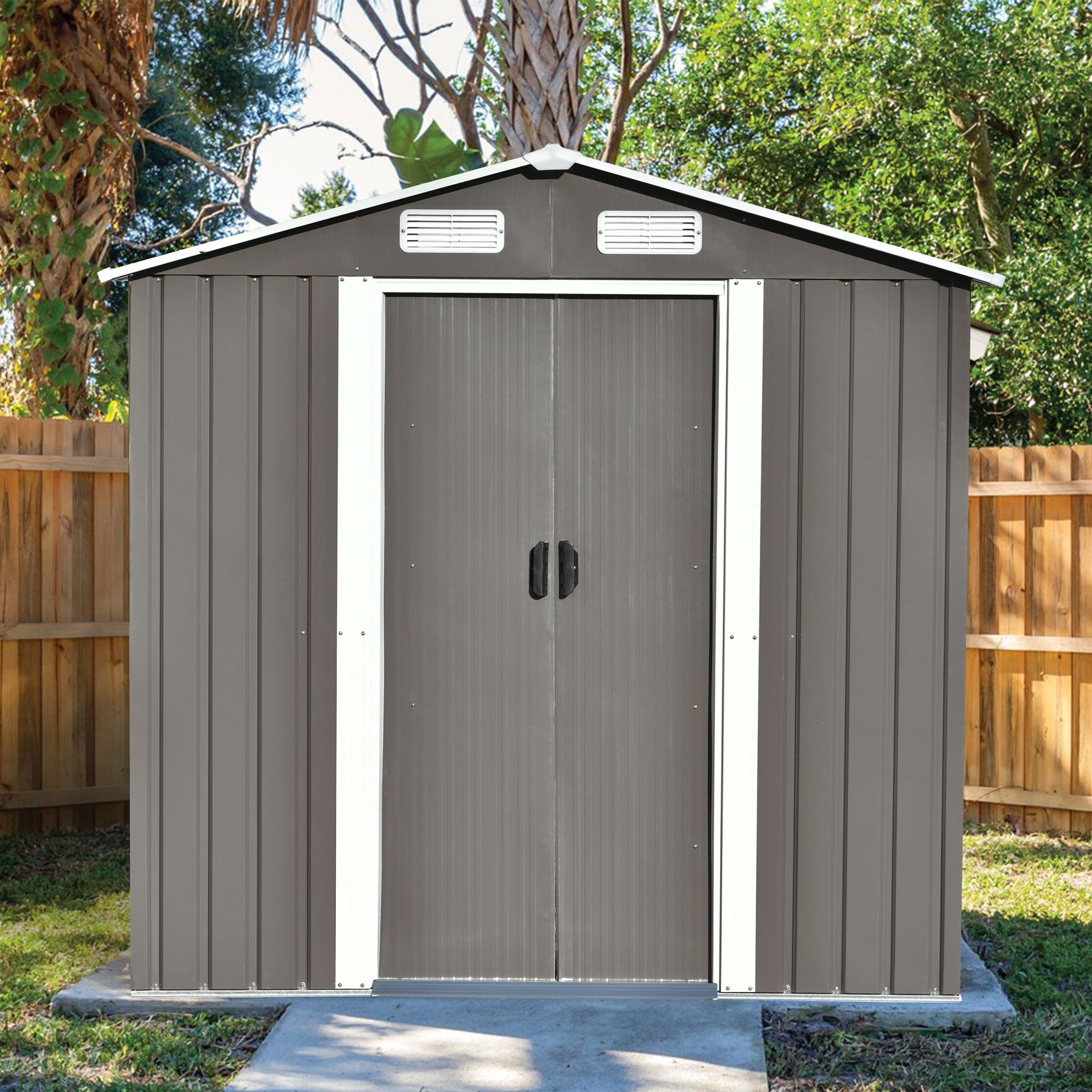 TOPMAX Patio 6ft x4ft Bike Shed Garden Shed, Metal Storage Shed with Lockable Door, Tool Cabinet with Vents and Foundation for Backyard, Lawn, Garden, Gray--1