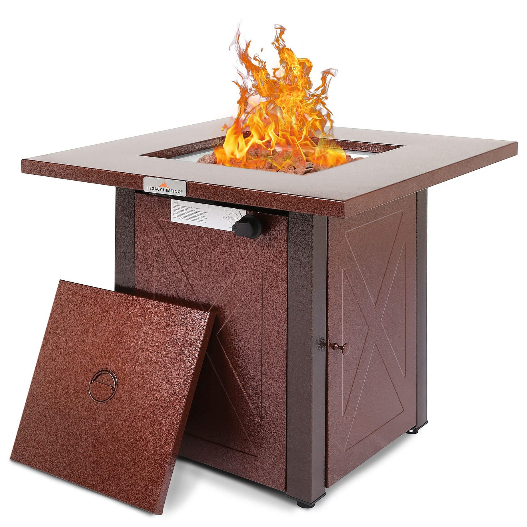 28" 50000 BTU Outdoor Propane Gas Fire Pits Table, Square Brown Texture Outdside Patio Firepits Fireplace Dinning Coffee Tables with Lid & Lava Rock, ETL-Certified, Fit for Courtyard, Patio, Balcony--1