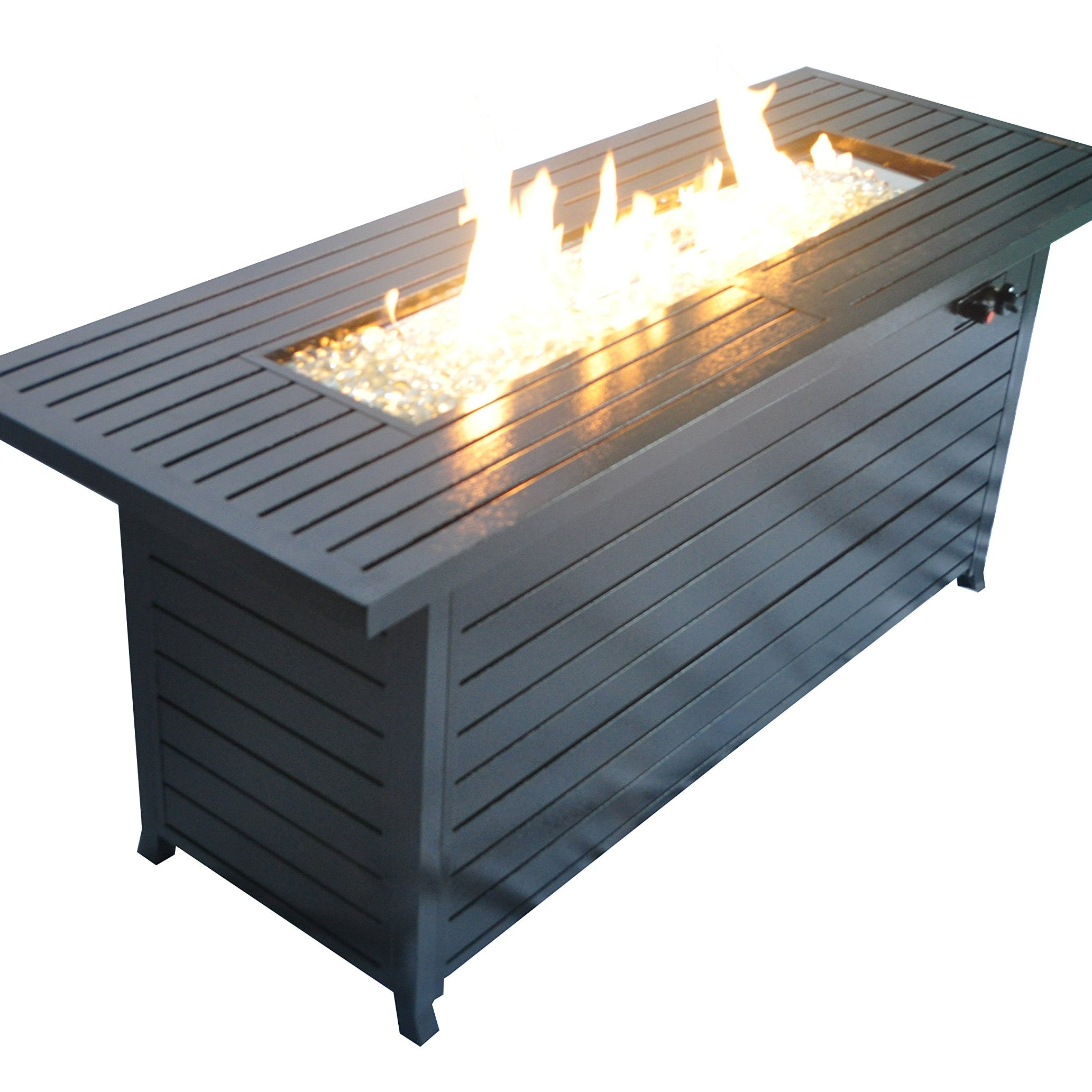 57in Outdoor Gas Propane Fire Pits Table, Aluminum, 50000BTU Firepit Fireplace Dinning Table with Lid, Fire Glass, Retangular, ETL Certification, for Garden Backyard Deck Patio-hammered black--1